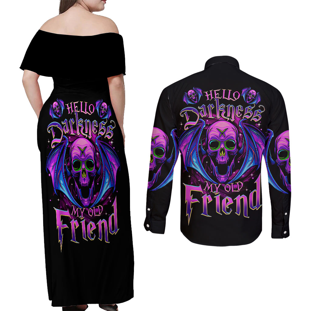 bat-skull-couples-matching-off-shoulder-maxi-dress-and-long-sleeve-button-shirts-bat-skull-hello-darkness-my-old-friend