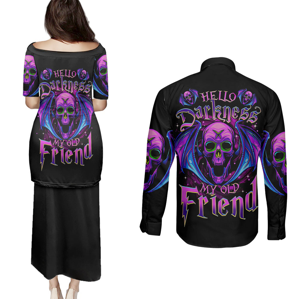 bat-skull-couples-matching-puletasi-dress-and-long-sleeve-button-shirts-bat-skull-hello-darkness-my-old-friend