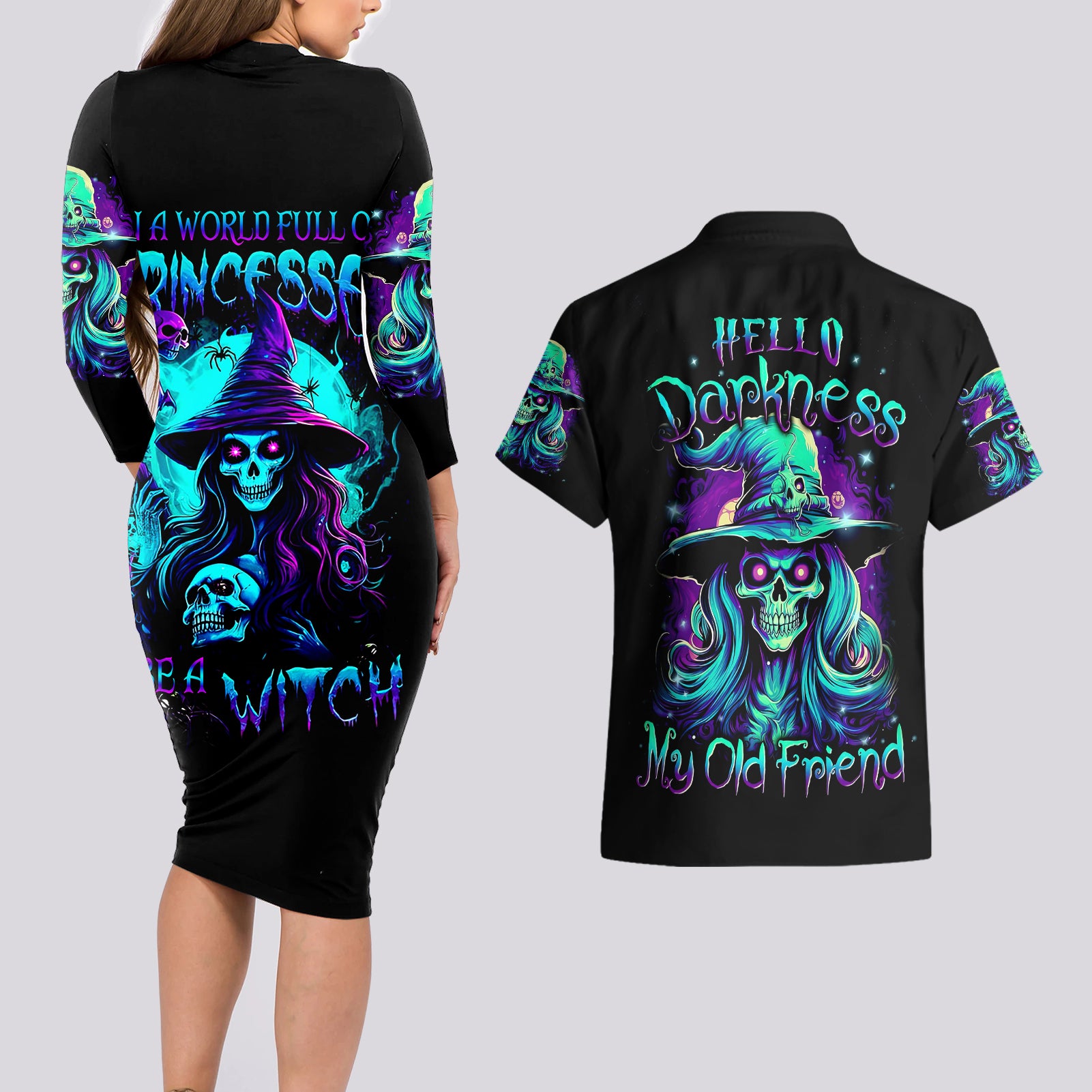 witch-skull-couples-matching-long-sleeve-bodycon-dress-and-hawaiian-shirt-skull-witch-hello-darkness-my-old-friend