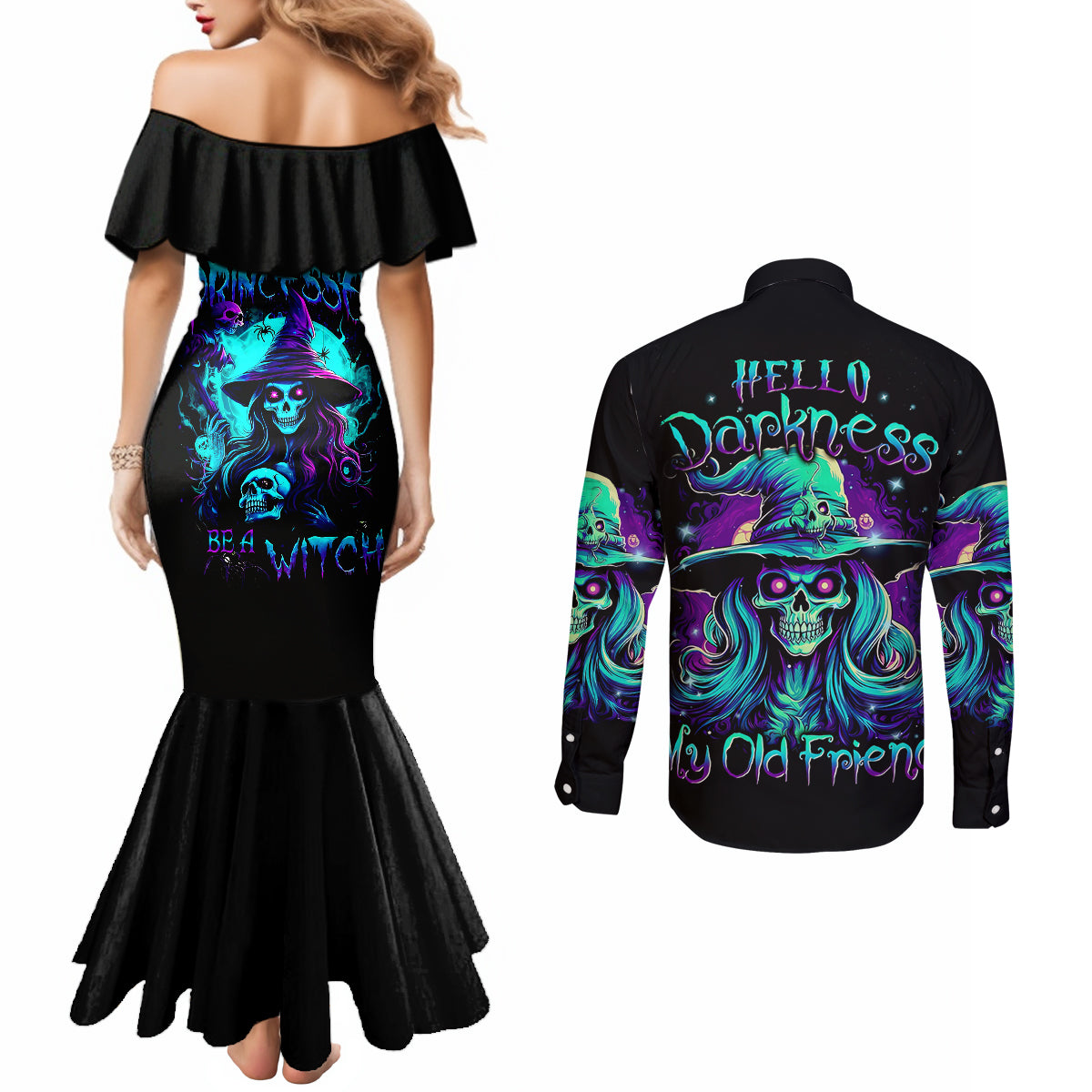 witch-skull-couples-matching-mermaid-dress-and-long-sleeve-button-shirts-skull-witch-hello-darkness-my-old-friend