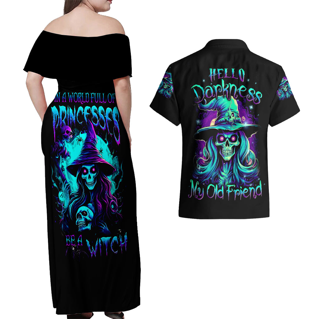 witch-skull-couples-matching-off-shoulder-maxi-dress-and-hawaiian-shirt-skull-witch-hello-darkness-my-old-friend