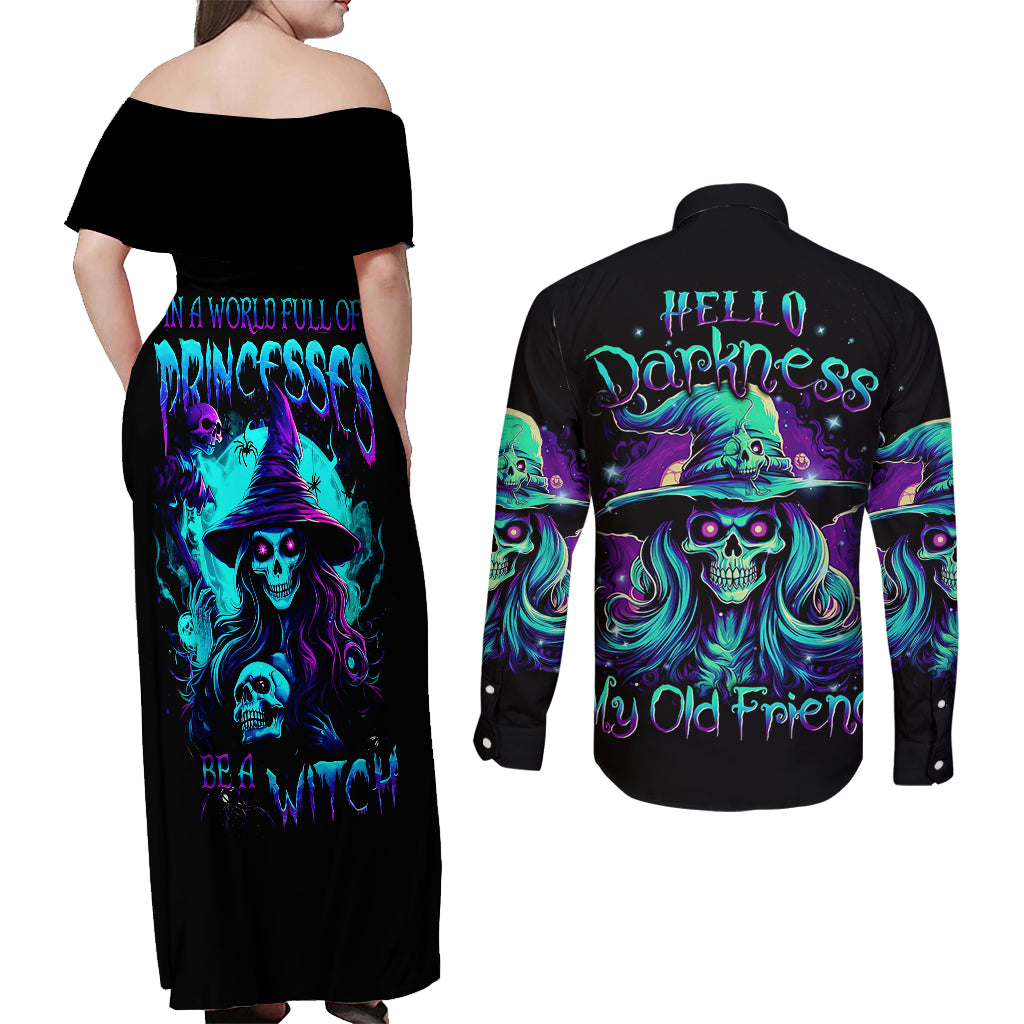 witch-skull-couples-matching-off-shoulder-maxi-dress-and-long-sleeve-button-shirts-skull-witch-hello-darkness-my-old-friend