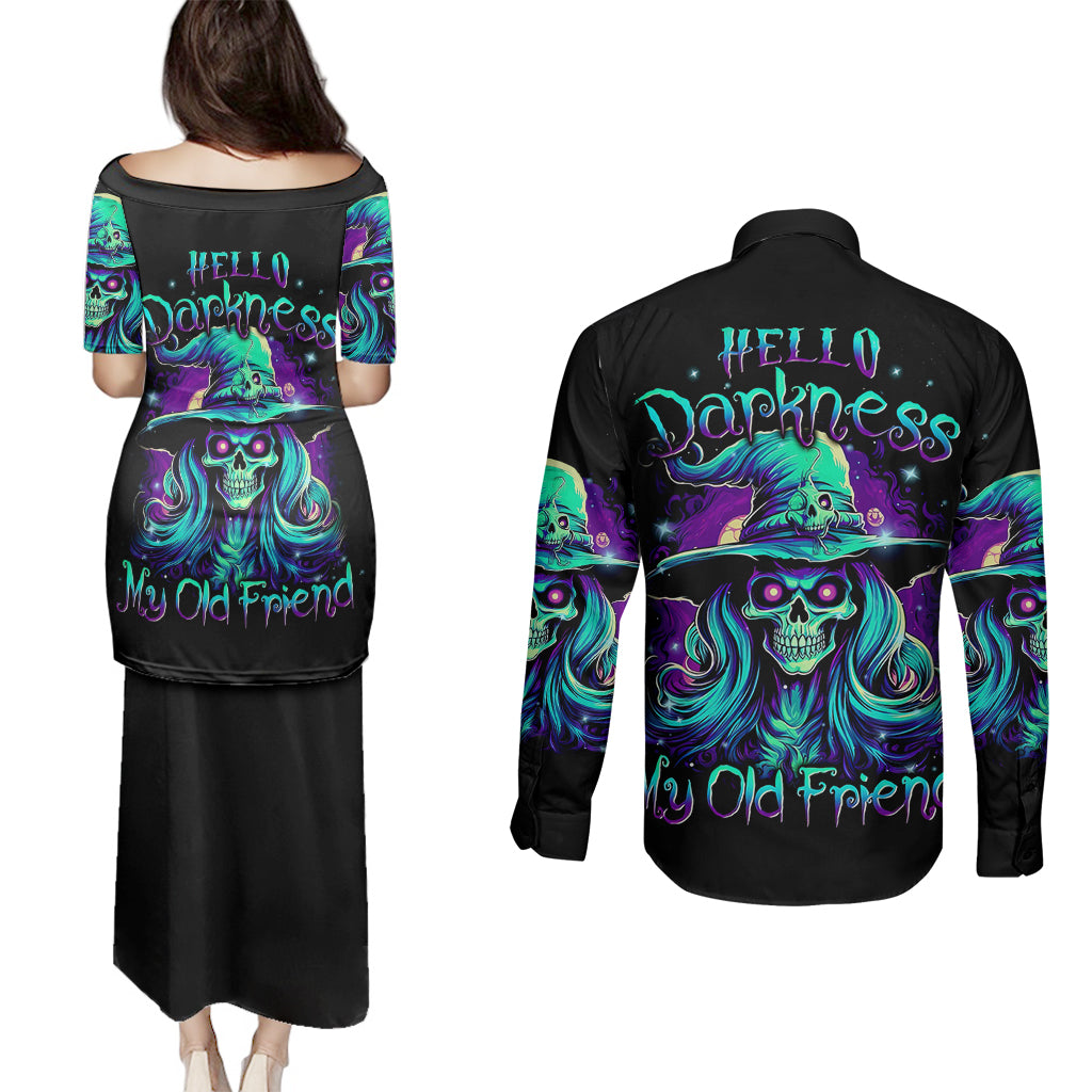 witch-skull-couples-matching-puletasi-dress-and-long-sleeve-button-shirts-skull-witch-hello-darkness-my-old-friend