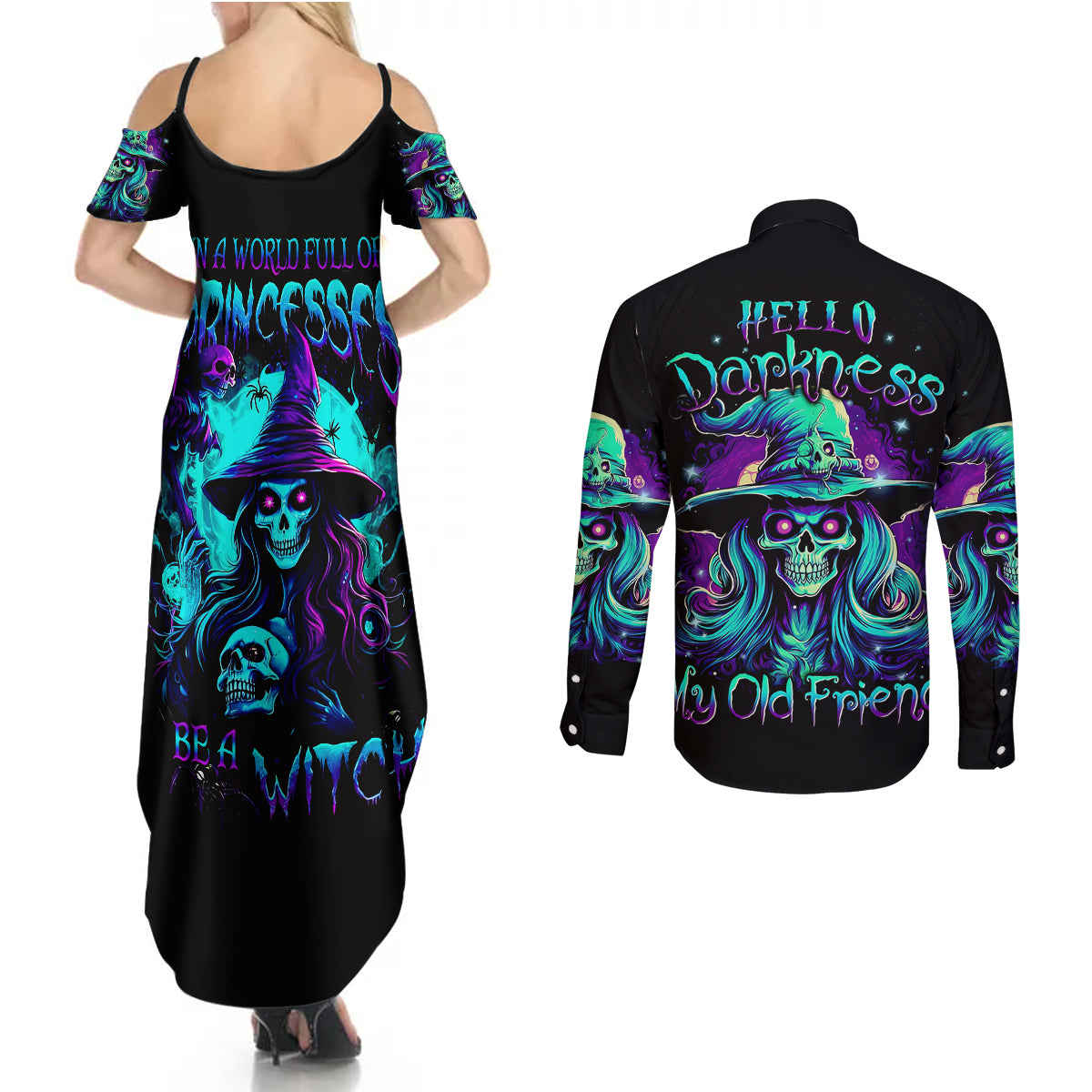 witch-skull-couples-matching-summer-maxi-dress-and-long-sleeve-button-shirts-skull-witch-hello-darkness-my-old-friend