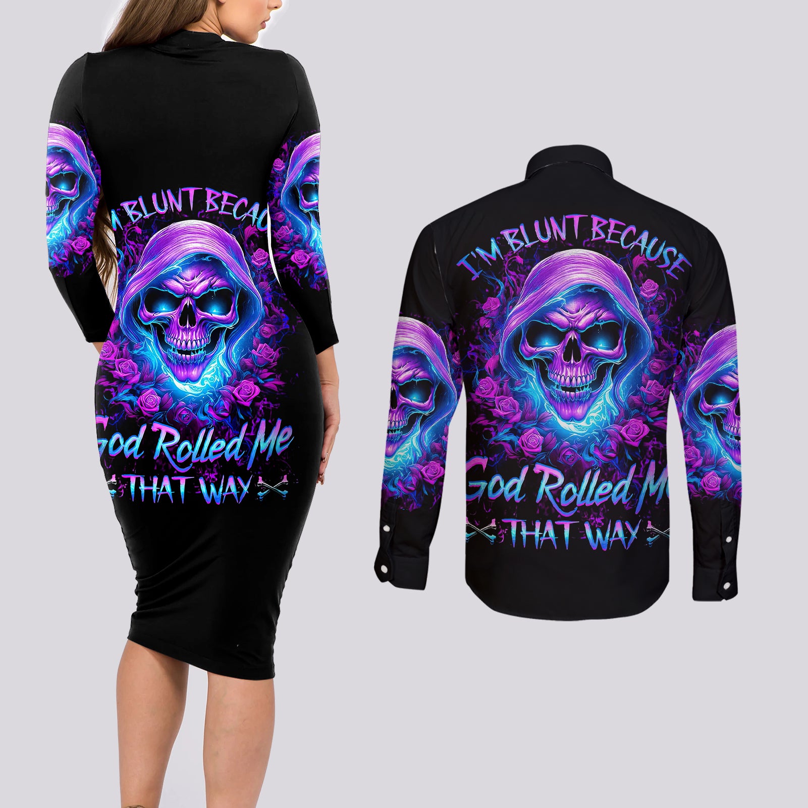 rose-skull-couples-matching-long-sleeve-bodycon-dress-and-long-sleeve-button-shirts-im-blunt-because-god-rolled-me-that-way