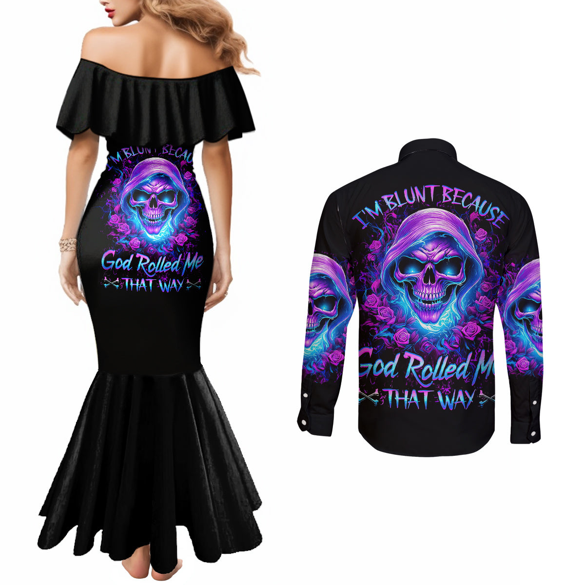 rose-skull-couples-matching-mermaid-dress-and-long-sleeve-button-shirts-im-blunt-because-god-rolled-me-that-way