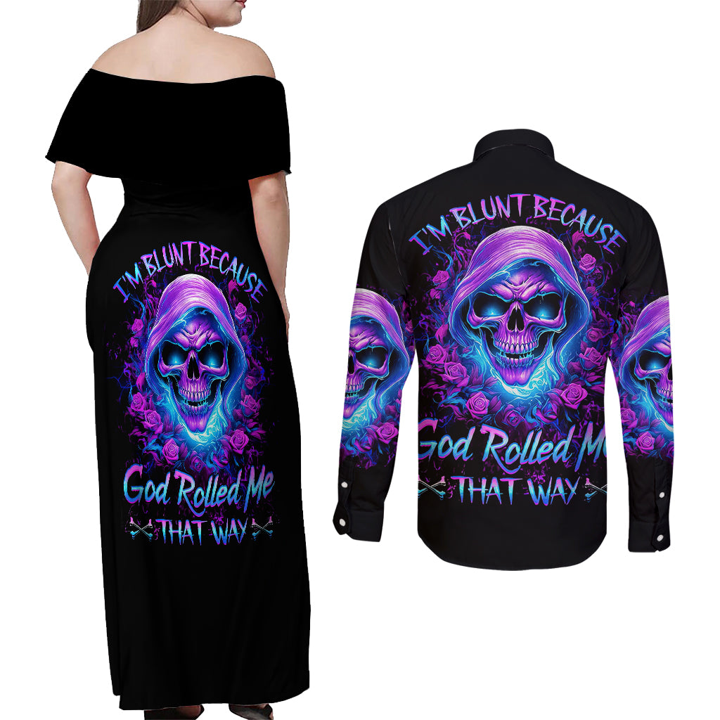 rose-skull-couples-matching-off-shoulder-maxi-dress-and-long-sleeve-button-shirts-im-blunt-because-god-rolled-me-that-way