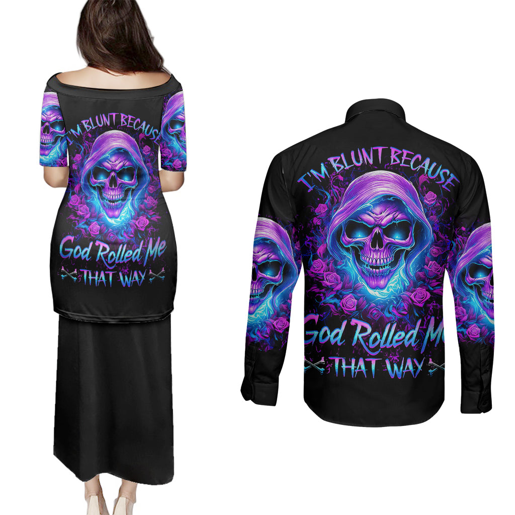 rose-skull-couples-matching-puletasi-dress-and-long-sleeve-button-shirts-im-blunt-because-god-rolled-me-that-way