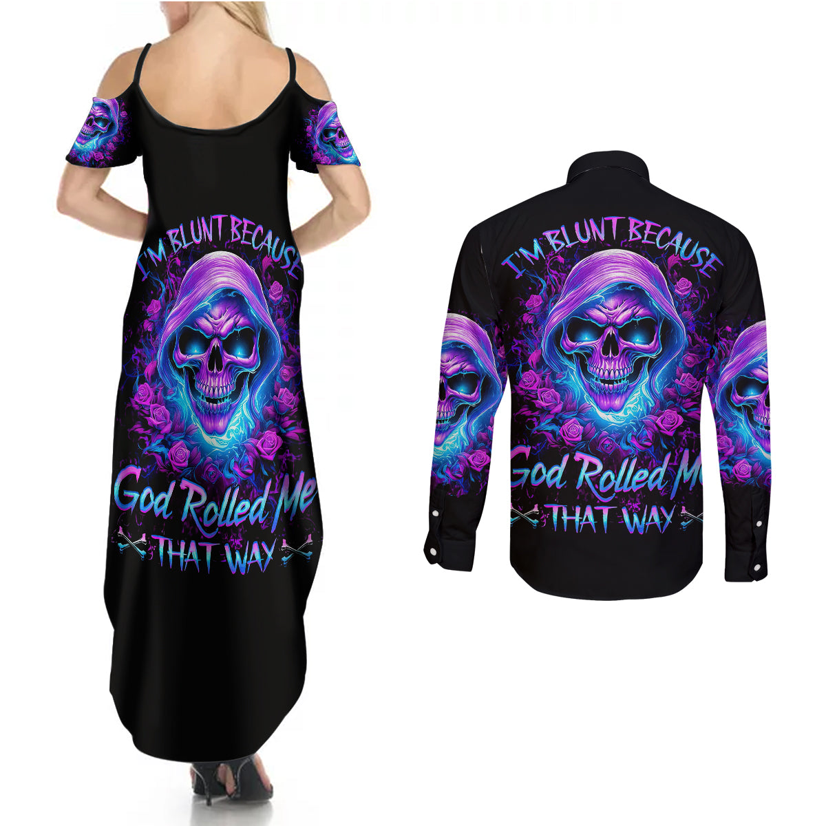 rose-skull-couples-matching-summer-maxi-dress-and-long-sleeve-button-shirts-im-blunt-because-god-rolled-me-that-way