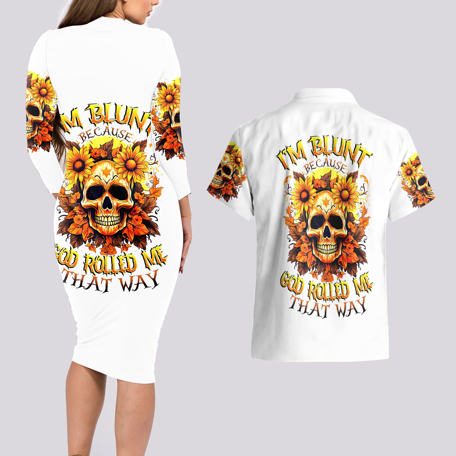 sunflower-skull-couples-matching-long-sleeve-bodycon-dress-and-hawaiian-shirt-sunflower-im-blunt-because-god-rolled-me-that-way