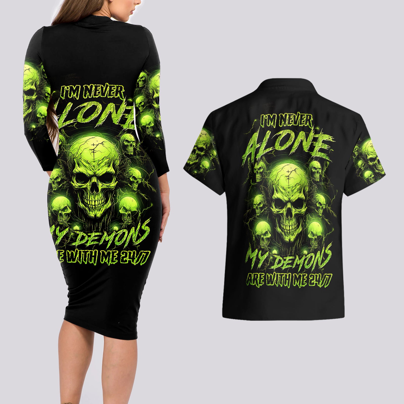 thunder-skull-couples-matching-long-sleeve-bodycon-dress-and-hawaiian-shirt-thunder-skull-i-never-alone-my-demon-with-me-247