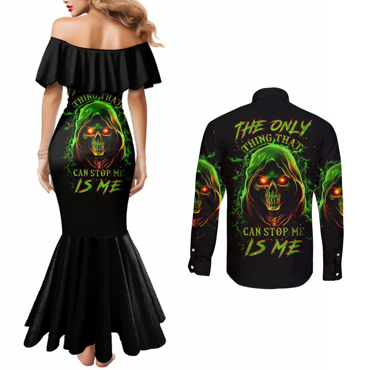 fire-death-skull-couples-matching-mermaid-dress-and-long-sleeve-button-shirts-the-only-thing-that-can-stop-is-me