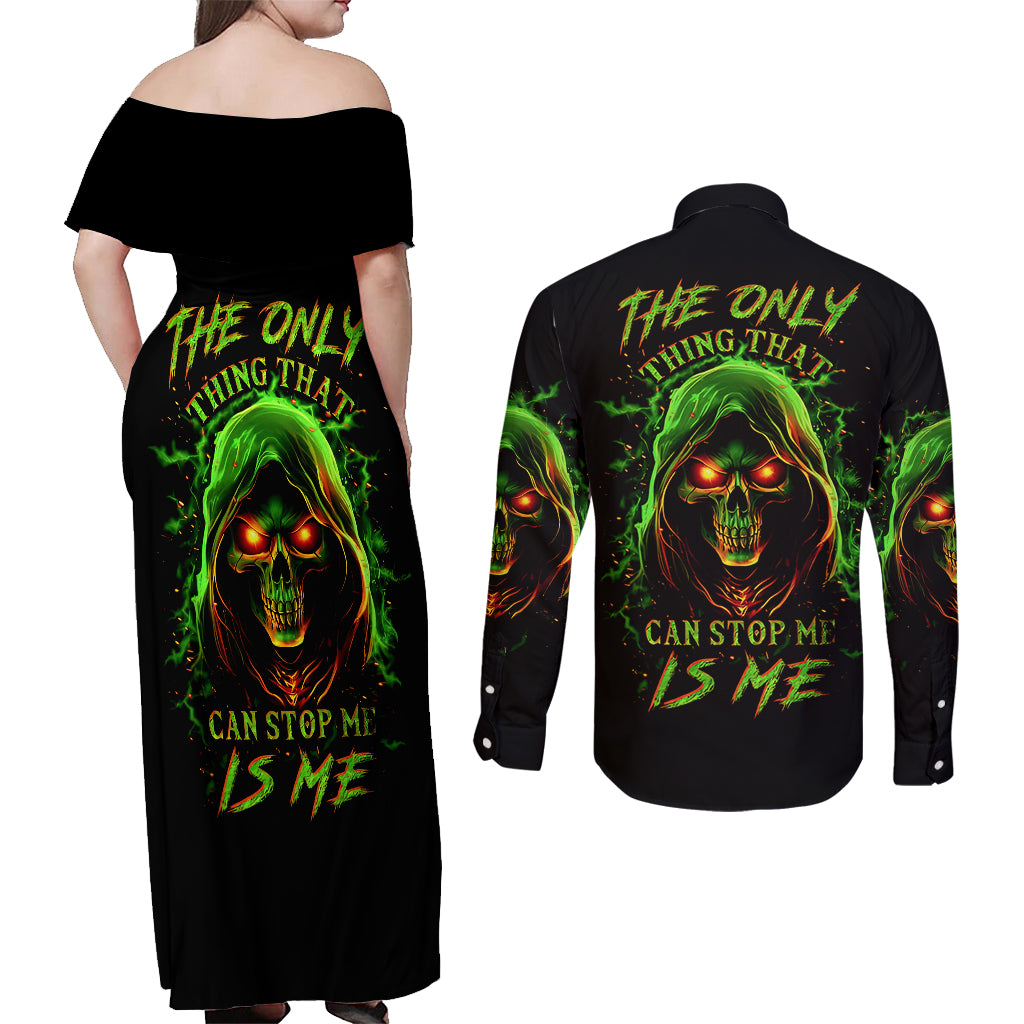 fire-death-skull-couples-matching-off-shoulder-maxi-dress-and-long-sleeve-button-shirts-the-only-thing-that-can-stop-is-me