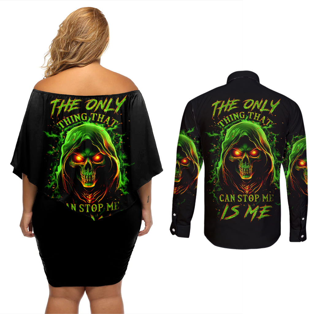 fire-death-skull-couples-matching-off-shoulder-short-dress-and-long-sleeve-button-shirts-the-only-thing-that-can-stop-is-me