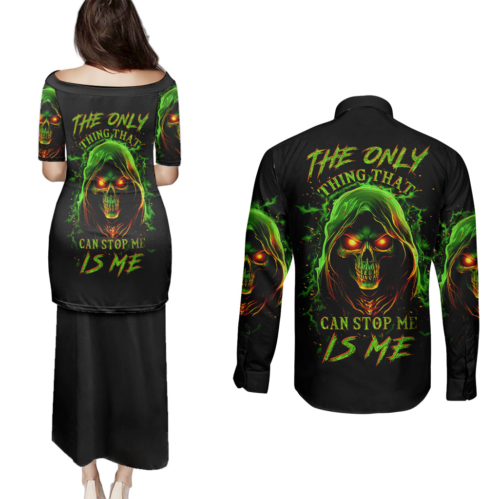 fire-death-skull-couples-matching-puletasi-dress-and-long-sleeve-button-shirts-the-only-thing-that-can-stop-is-me