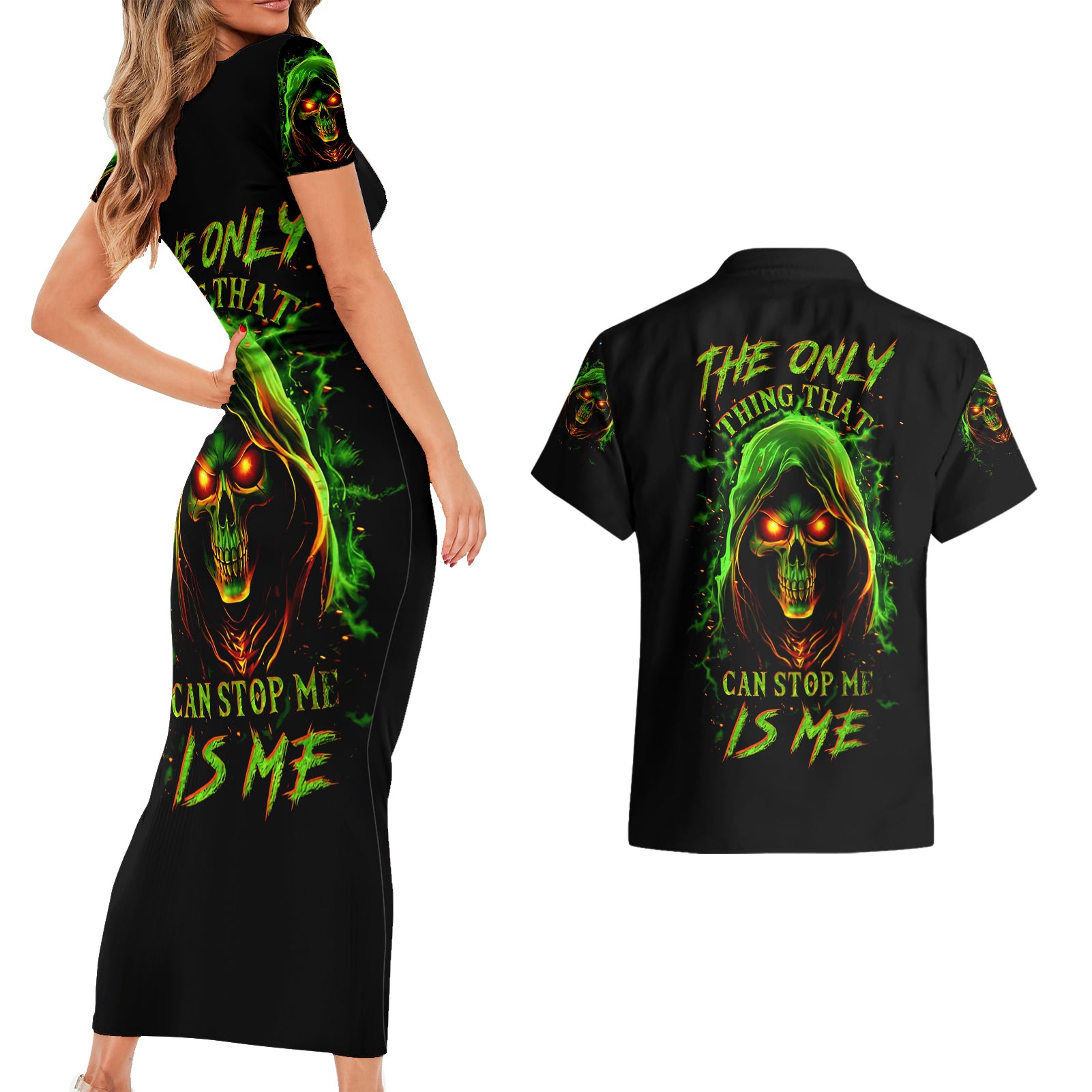 fire-death-skull-couples-matching-short-sleeve-bodycon-dress-and-hawaiian-shirt-the-only-thing-that-can-stop-is-me