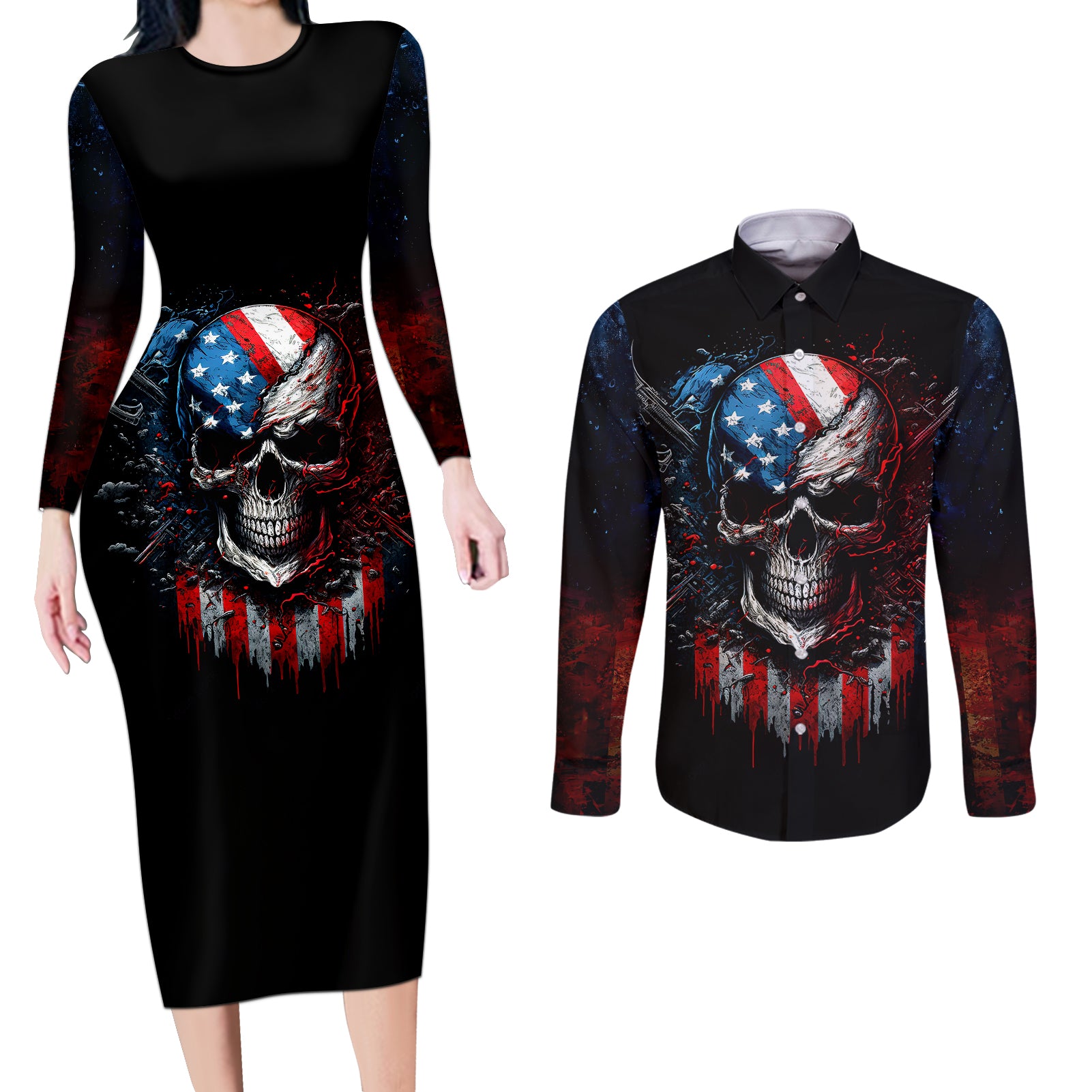 vintage-skull-couples-matching-long-sleeve-bodycon-dress-and-long-sleeve-button-shirts-american-skull-vintage