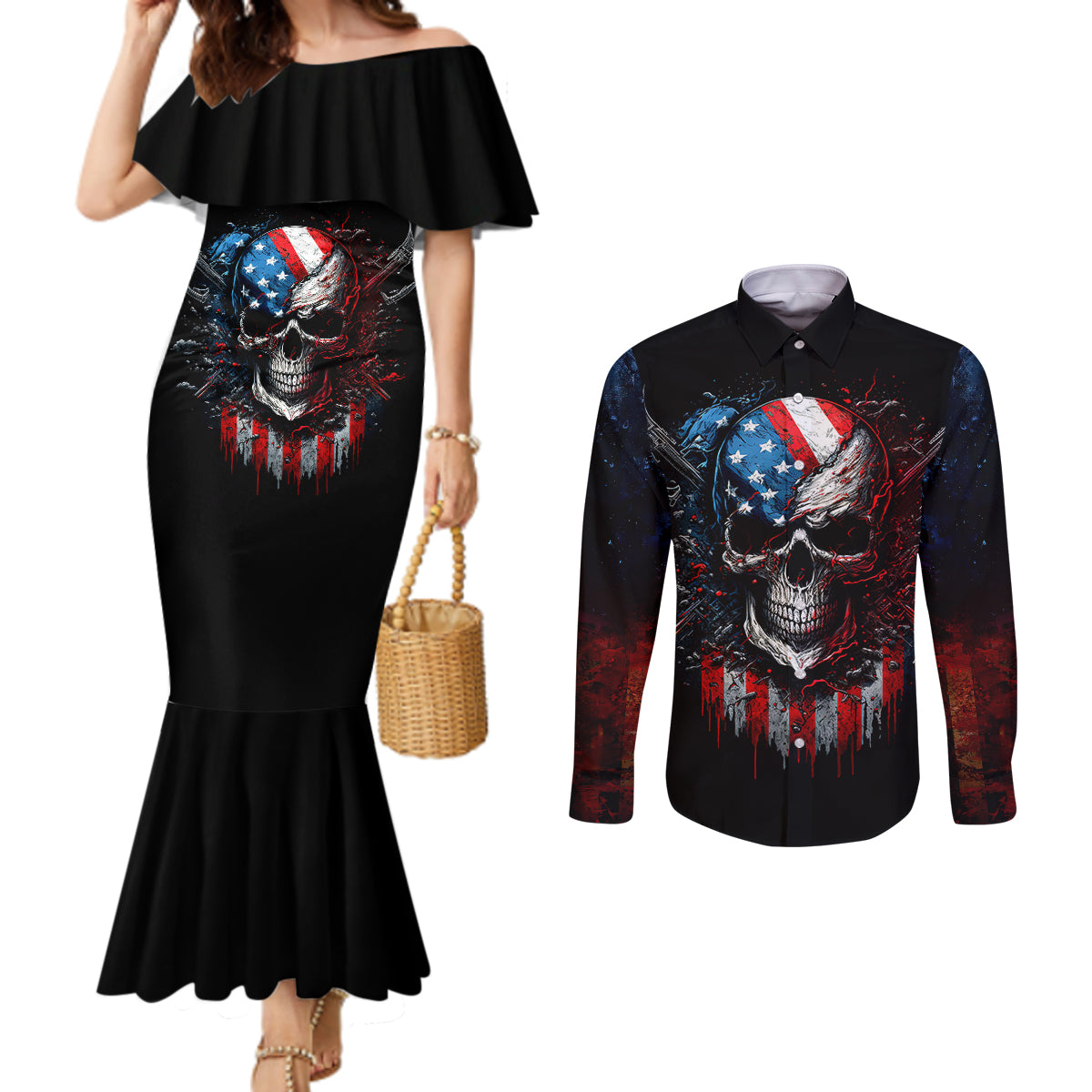 vintage-skull-couples-matching-mermaid-dress-and-long-sleeve-button-shirts-american-skull-vintage