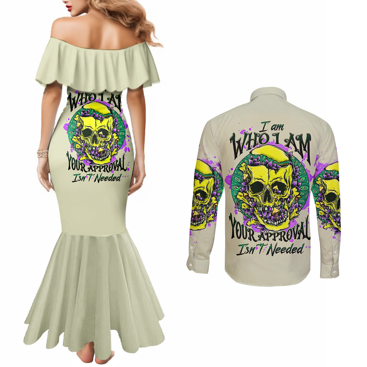 flower-skull-couples-matching-mermaid-dress-and-long-sleeve-button-shirts-iam-who-iam-your-approval-isnt-need