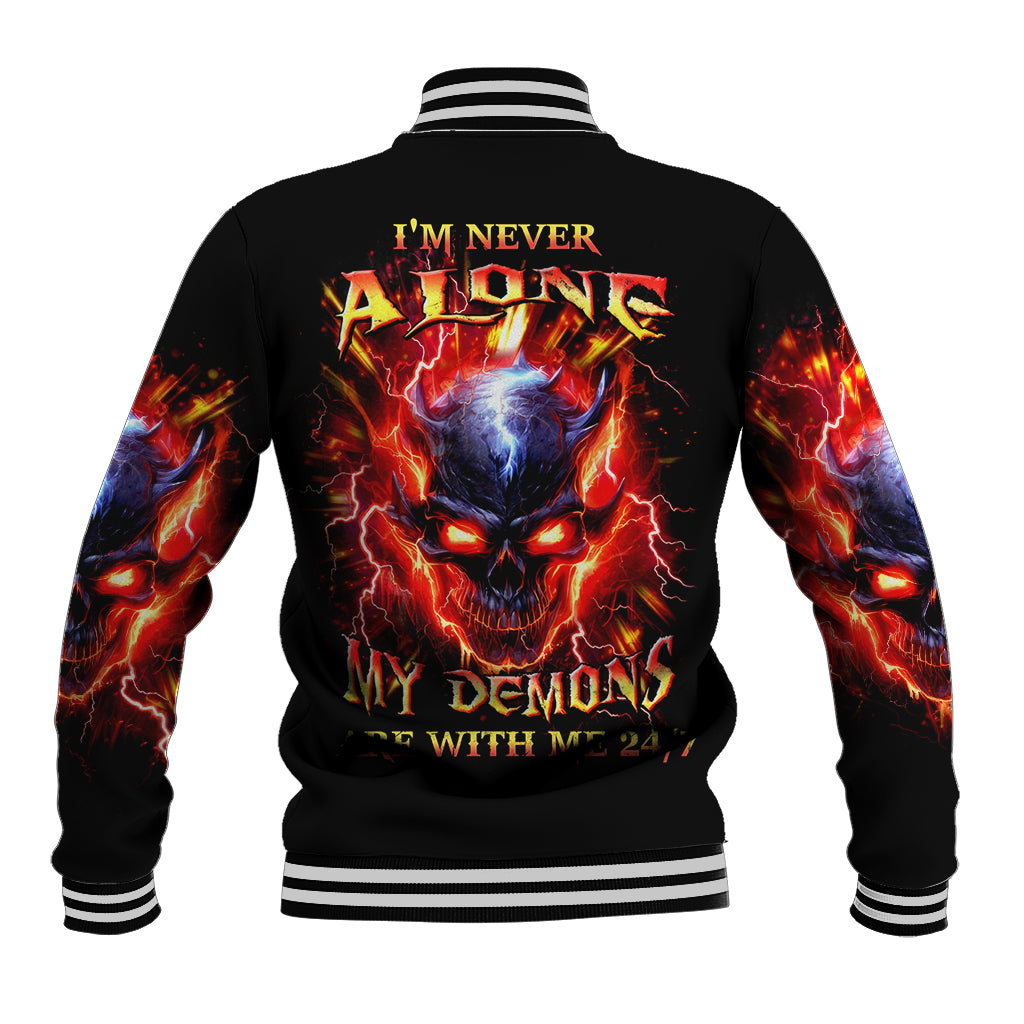 Flame Skull Baseball Jacket I'm Never Alone My Demons Are With Me 24/7