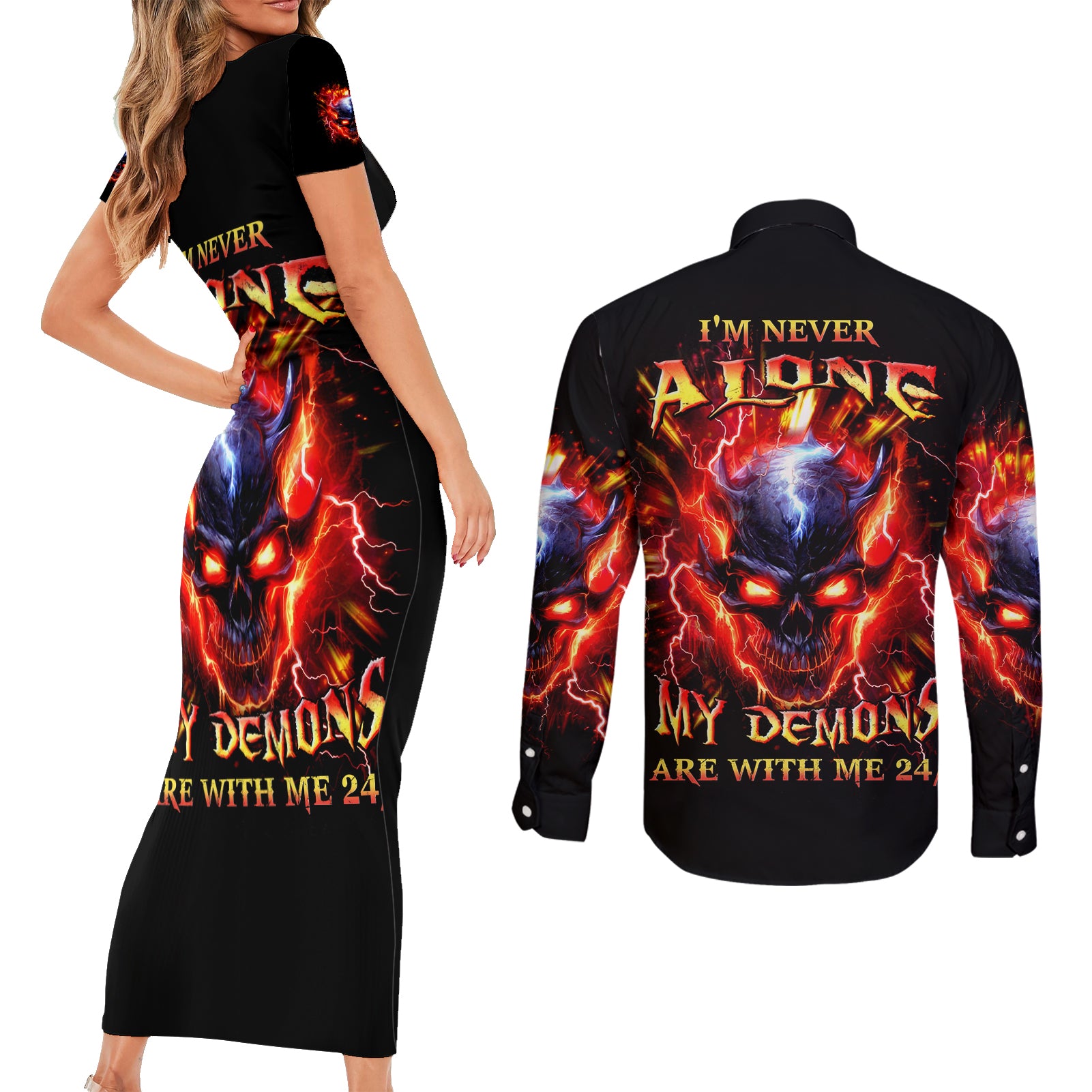 Flame Skull Couples Matching Short Sleeve Bodycon Dress and Long Sleeve Button Shirt I'm Never Alone My Demons Are With Me 24/7