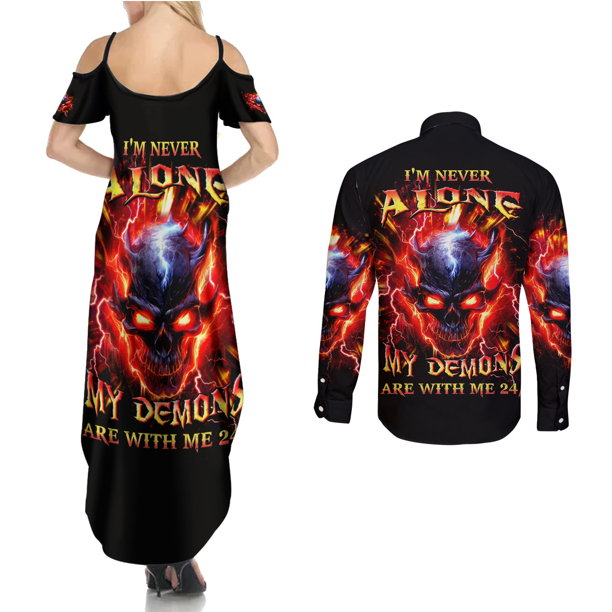 Flame Skull Couples Matching Summer Maxi Dress and Long Sleeve Button Shirt I'm Never Alone My Demons Are With Me 24/7