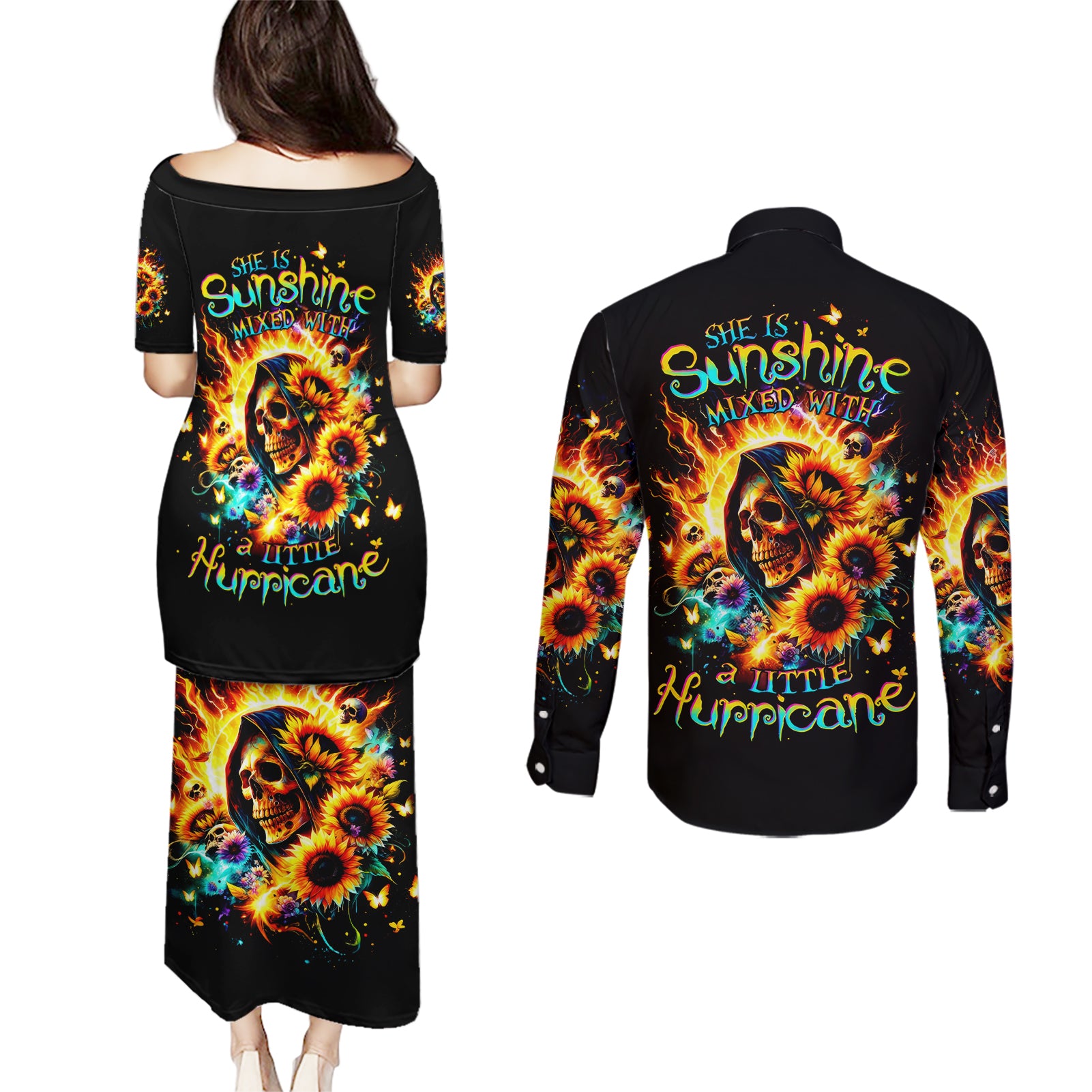 Sunflower Skull Couples Matching Puletasi and Long Sleeve Button Shirt She Is Sunshine Mixed With A Little Hurricane