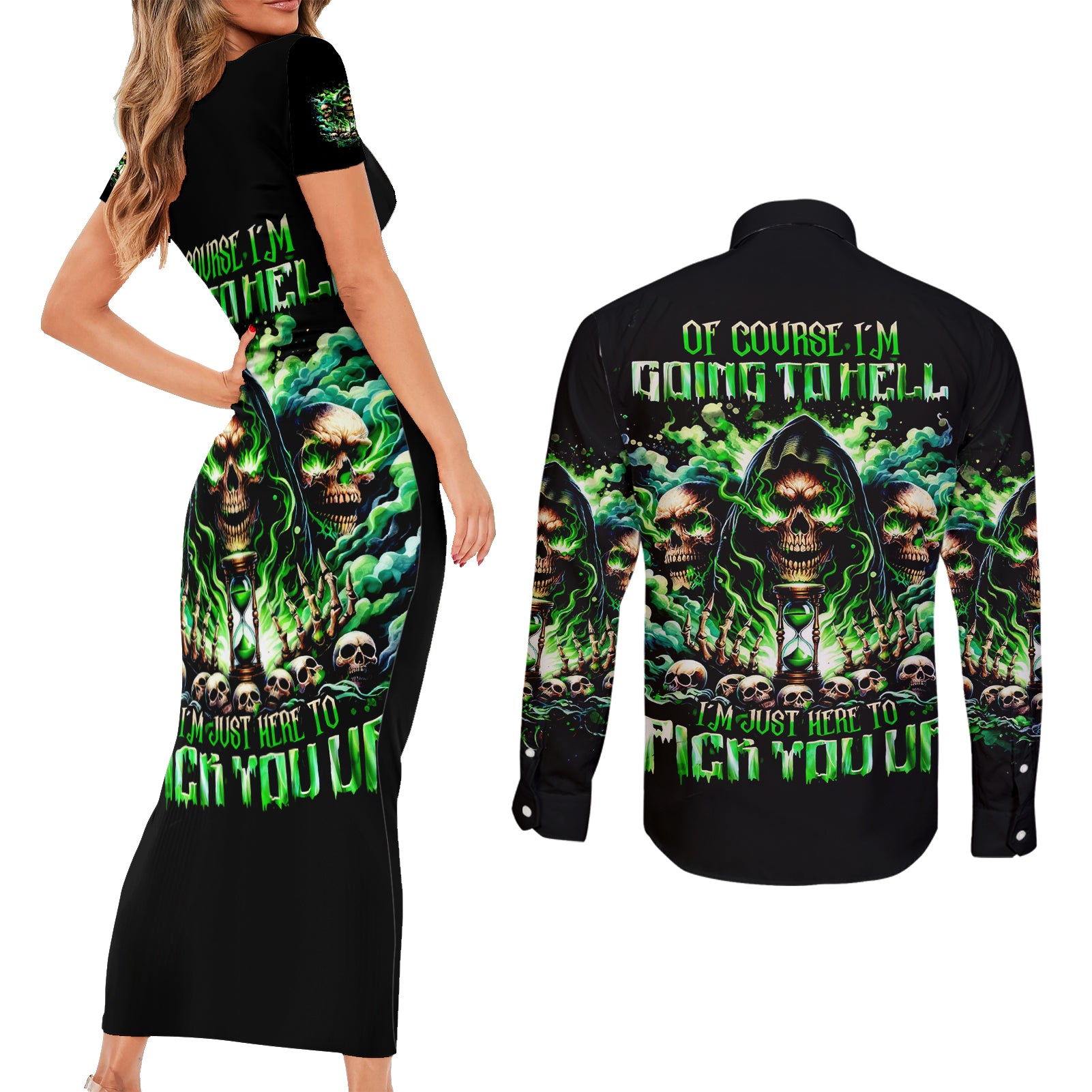 Witch Skull Couples Matching Short Sleeve Bodycon Dress and Long Sleeve Button Shirt Of Course I'm Going To Hell I'm Just Here To Pick You Up