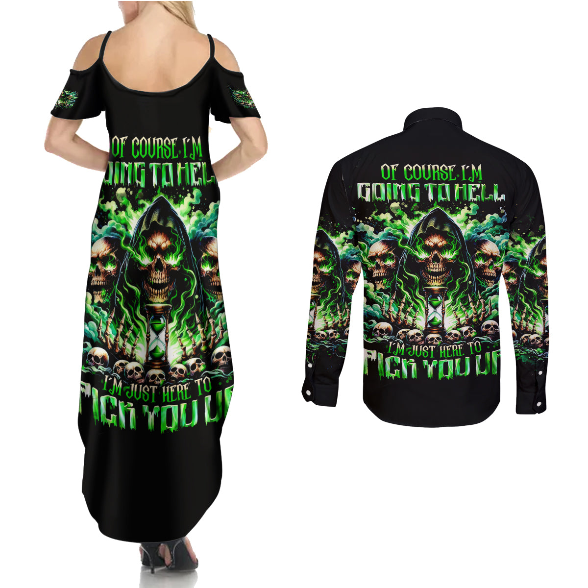 Witch Skull Couples Matching Summer Maxi Dress and Long Sleeve Button Shirt Of Course I'm Going To Hell I'm Just Here To Pick You Up