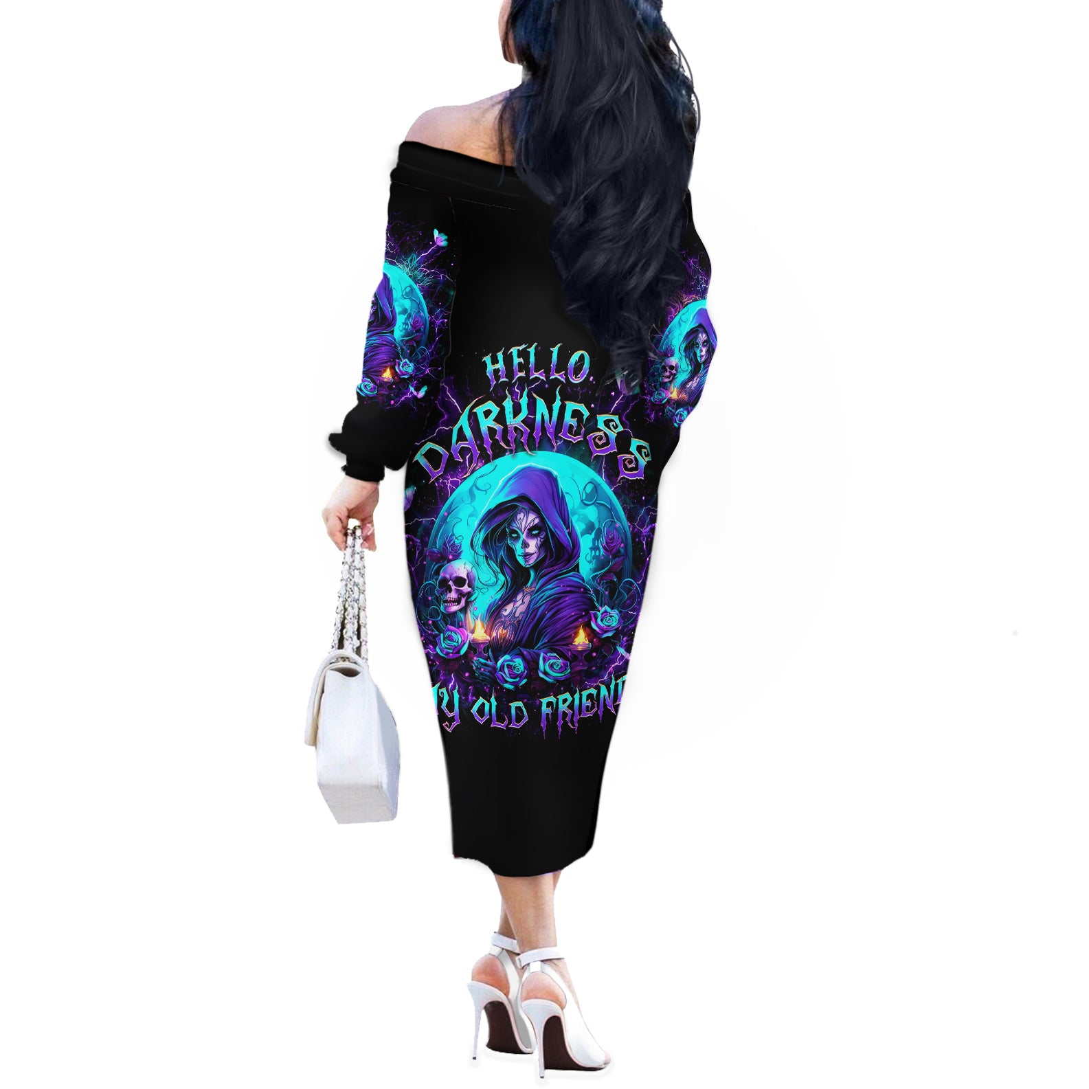 Witch Skull Off The Shoulder Long Sleeve Dress Hello Darkness My Old Friend