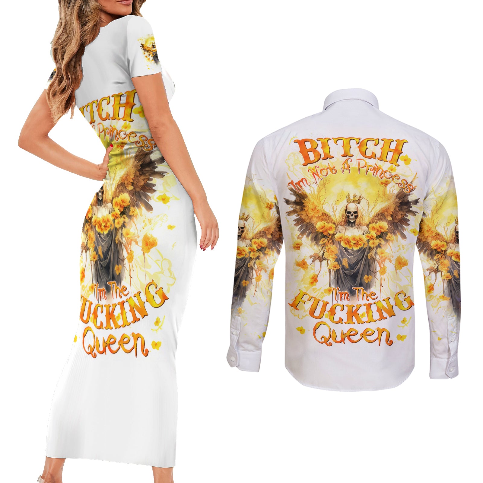 Flower Skull Angel Couples Matching Short Sleeve Bodycon Dress and Long Sleeve Button Shirt Bitch I'm The Fucking Queen