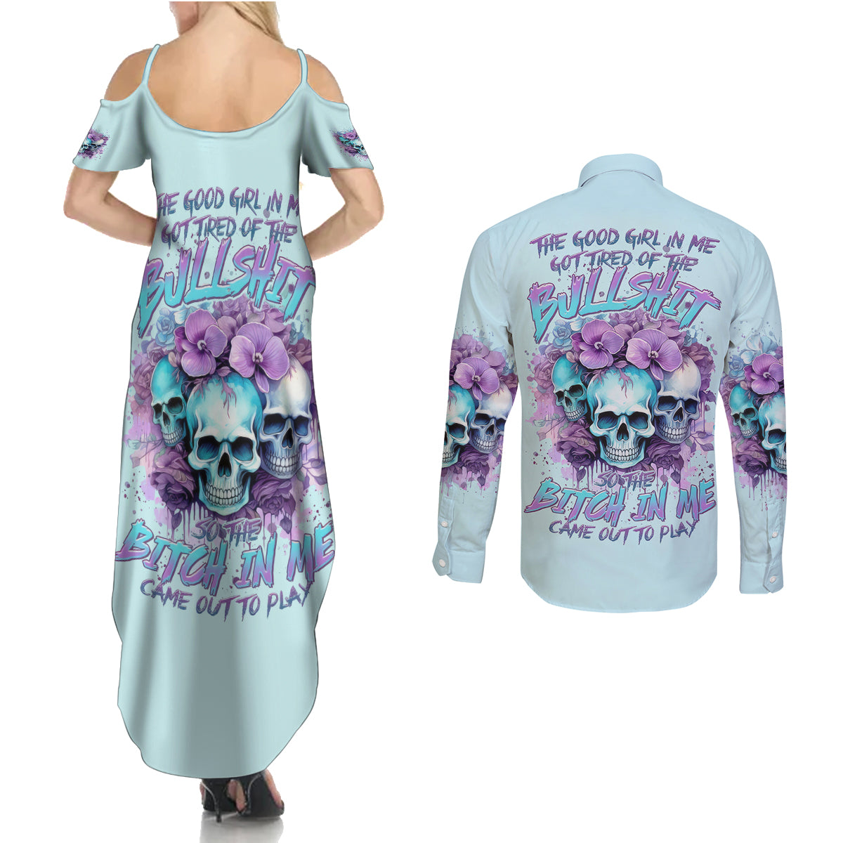 Flower Skull Angel Couples Matching Summer Maxi Dress and Long Sleeve Button Shirt The Good Girl In Me Got Tired Of The Bullshit