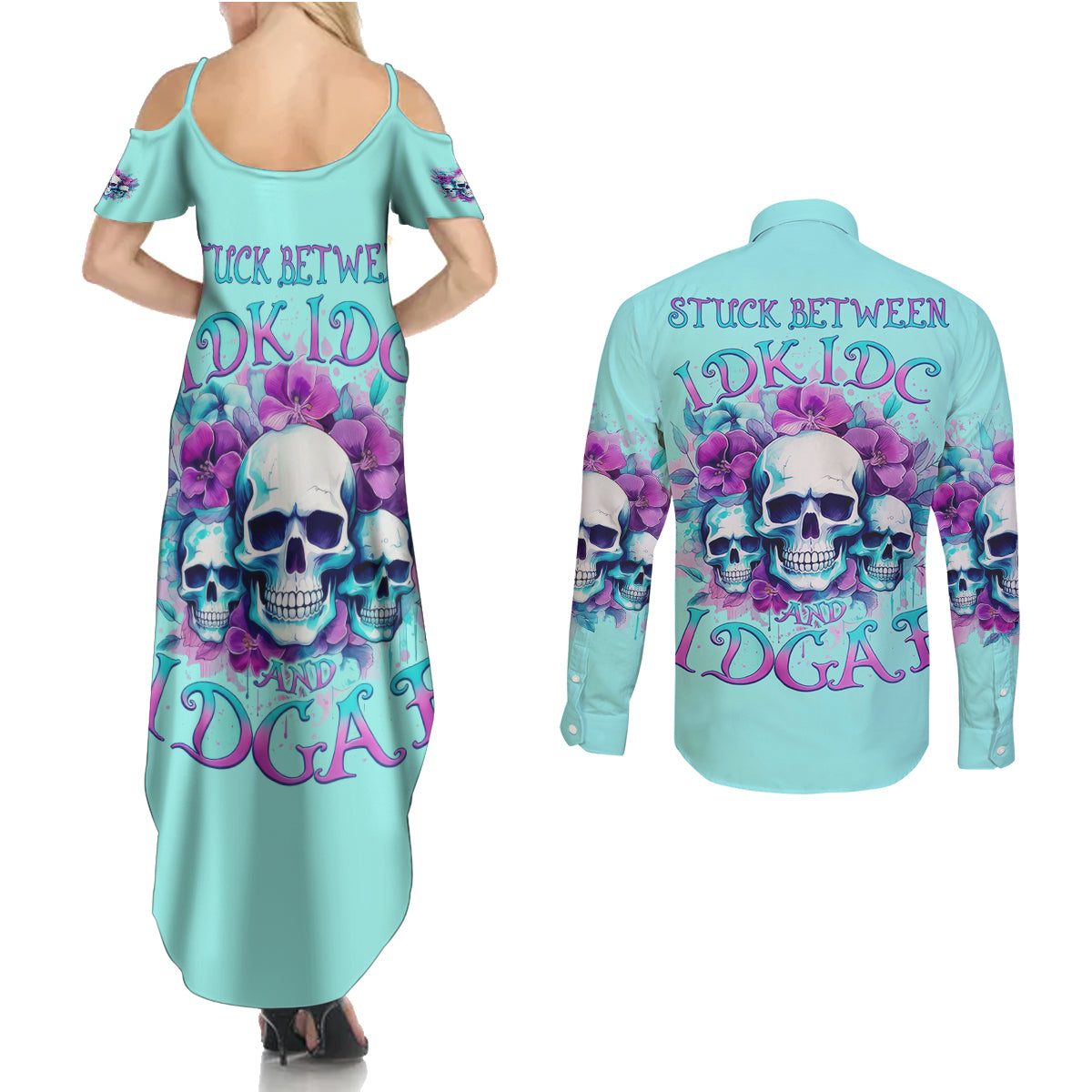 Flower Skull Angel Couples Matching Summer Maxi Dress and Long Sleeve Button Shirt Stuck Between IDK IDC and IDGAF