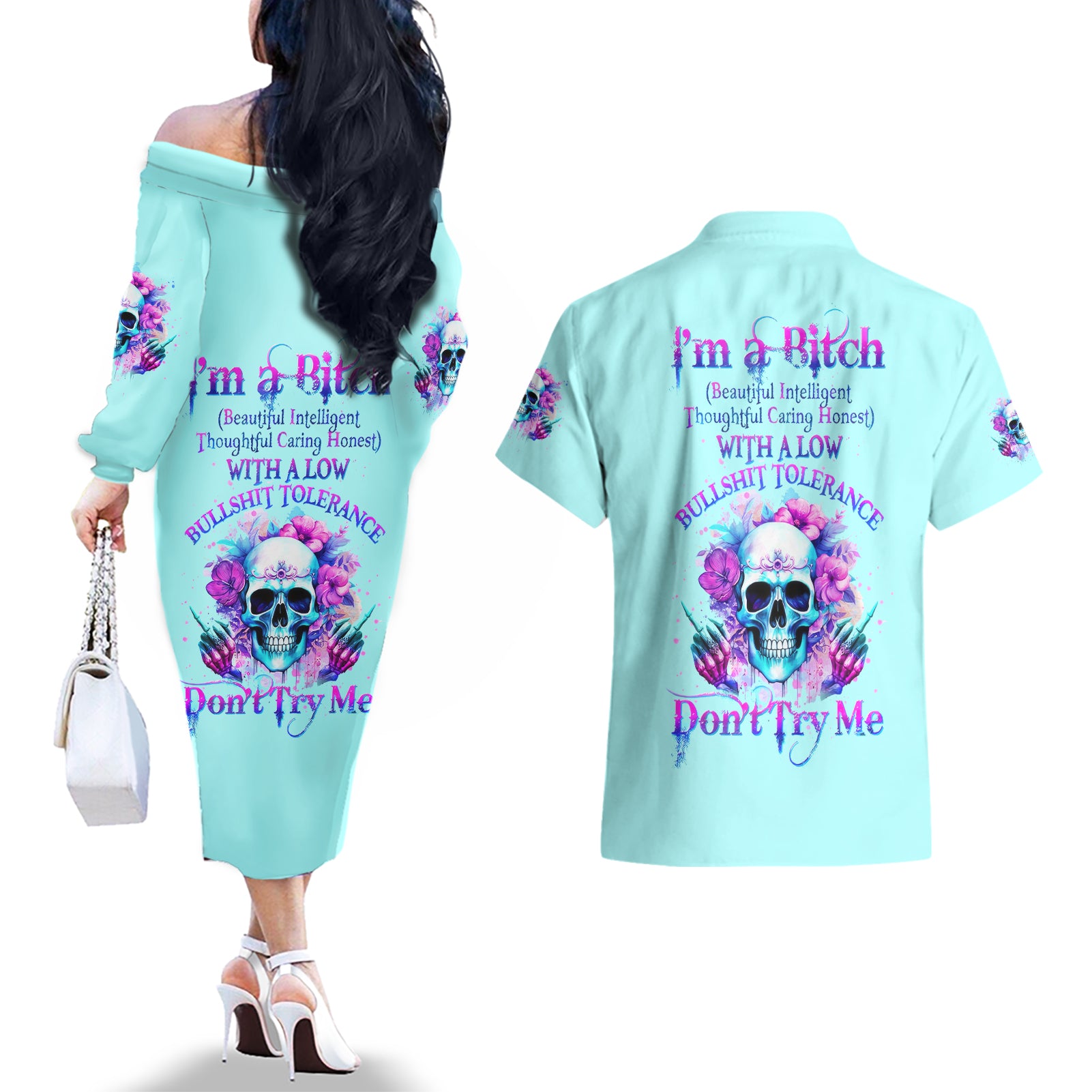 Flower Skull Angel Couples Matching Off The Shoulder Long Sleeve Dress and Hawaiian Shirt I'm A Bitch With A Flow Bullshit Tolerance