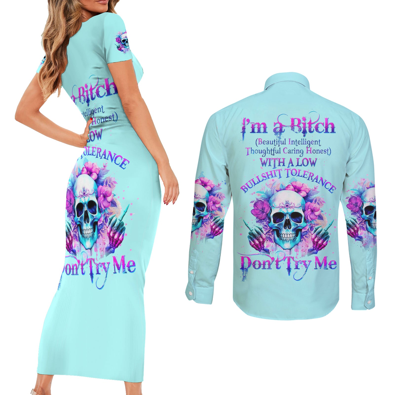 Flower Skull Angel Couples Matching Short Sleeve Bodycon Dress and Long Sleeve Button Shirt I'm A Bitch With A Flow Bullshit Tolerance