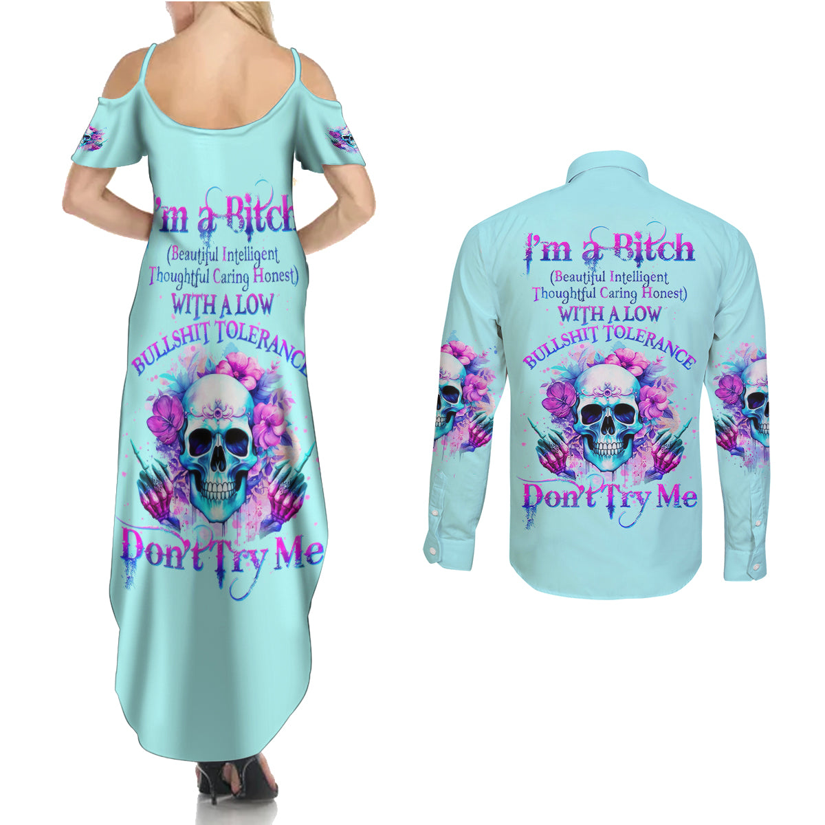 Flower Skull Angel Couples Matching Summer Maxi Dress and Long Sleeve Button Shirt I'm A Bitch With A Flow Bullshit Tolerance