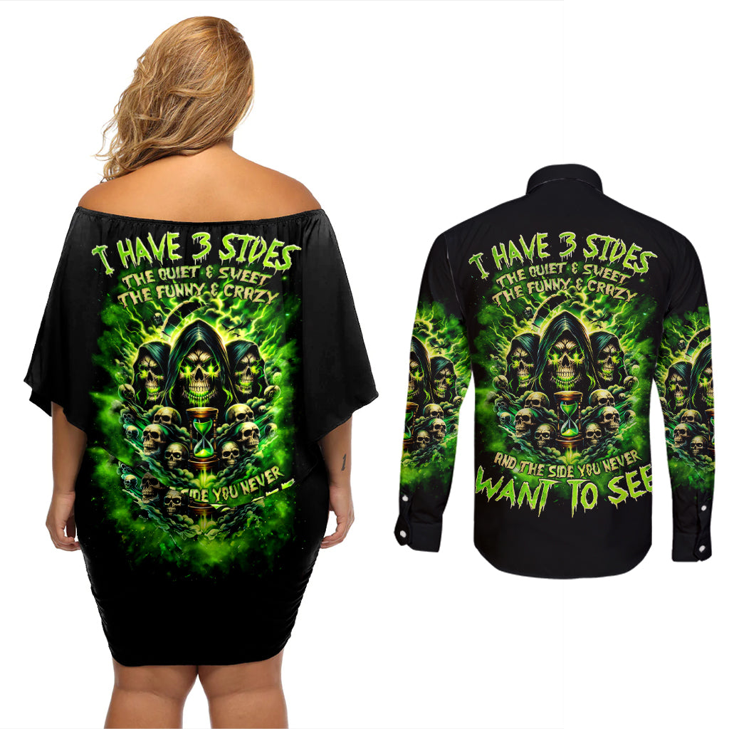 Flame Skull Couples Matching Off Shoulder Short Dress and Long Sleeve Button Shirt I Have 3 Sides Quite Sweet Funny Crazy