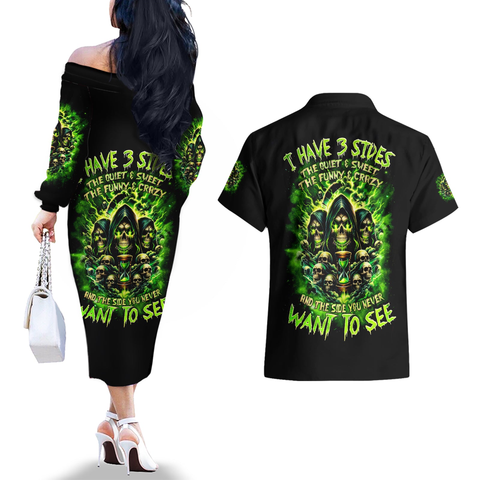 Flame Skull Couples Matching Off The Shoulder Long Sleeve Dress and Hawaiian Shirt I Have 3 Sides Quite Sweet Funny Crazy