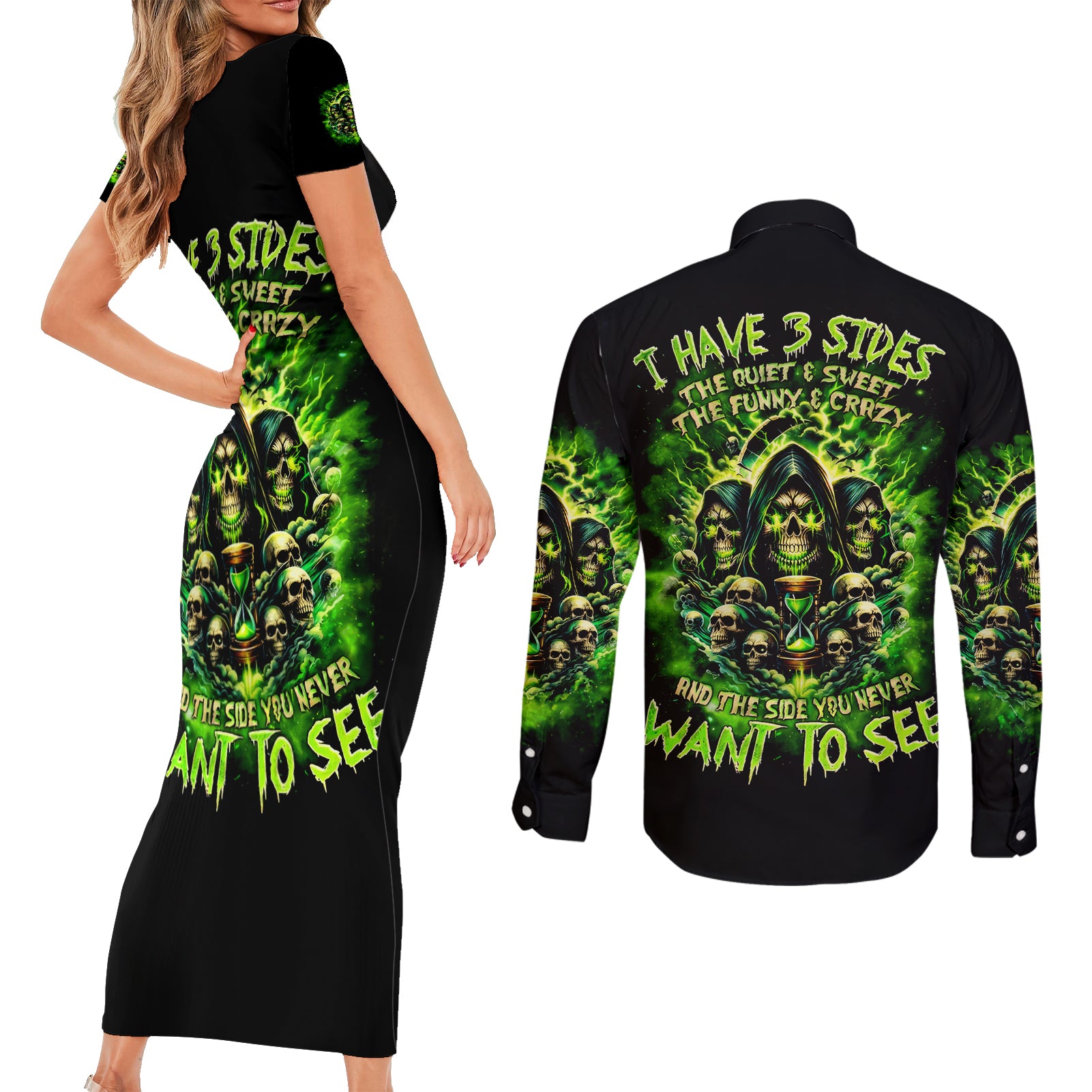 Flame Skull Couples Matching Short Sleeve Bodycon Dress and Long Sleeve Button Shirt I Have 3 Sides Quite Sweet Funny Crazy