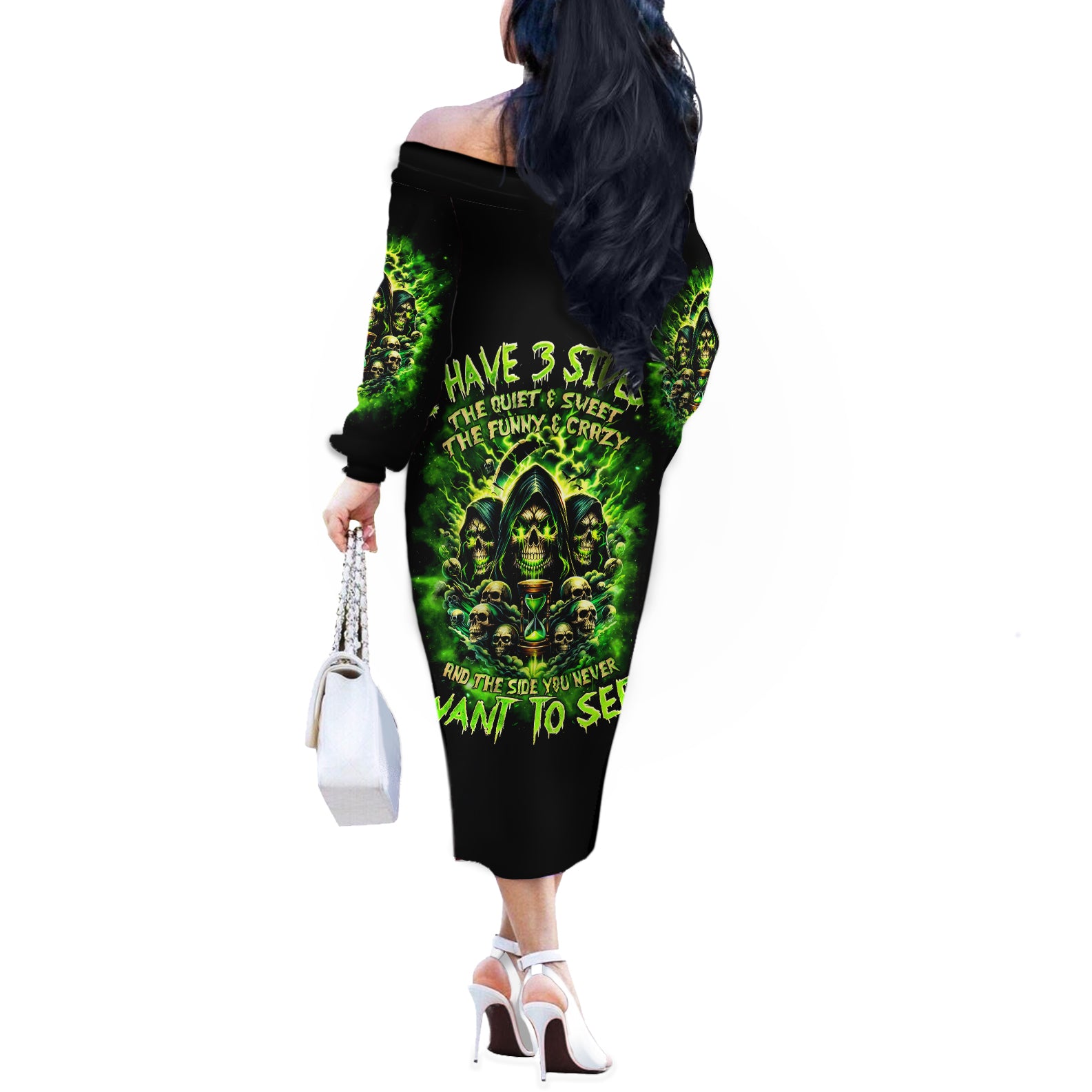 Flame Skull Off The Shoulder Long Sleeve Dress I Have 3 Sides Quite Sweet Funny Crazy