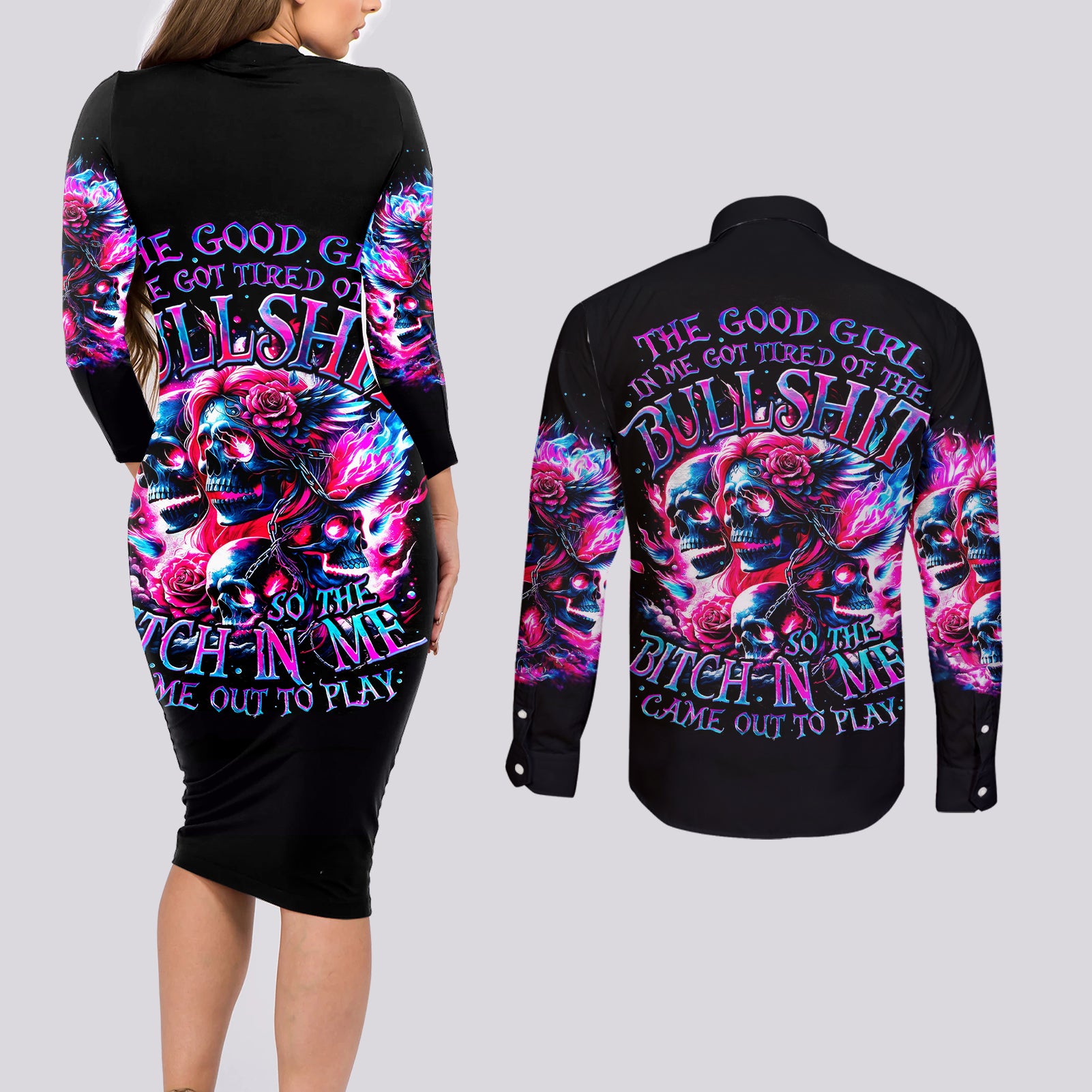 Flame Skull Couples Matching Long Sleeve Bodycon Dress and Long Sleeve Button Shirt The Good Girl In Me Got Tired Of The Bullshit