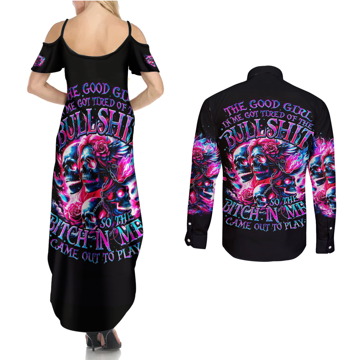 Flame Skull Couples Matching Summer Maxi Dress and Long Sleeve Button Shirt The Good Girl In Me Got Tired Of The Bullshit