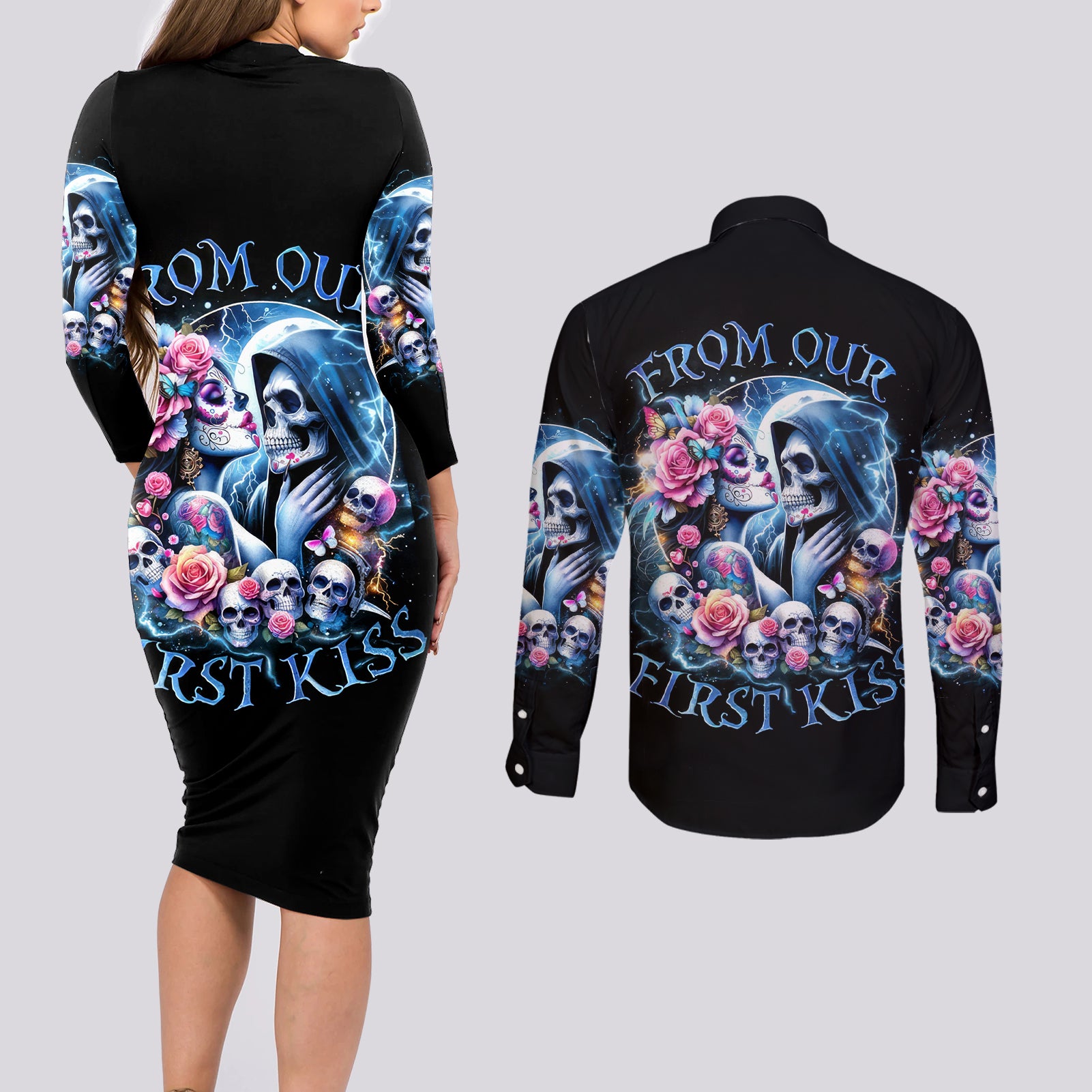 Couple Skull Couples Matching Long Sleeve Bodycon Dress and Long Sleeve Button Shirt From Our Firse Kiss