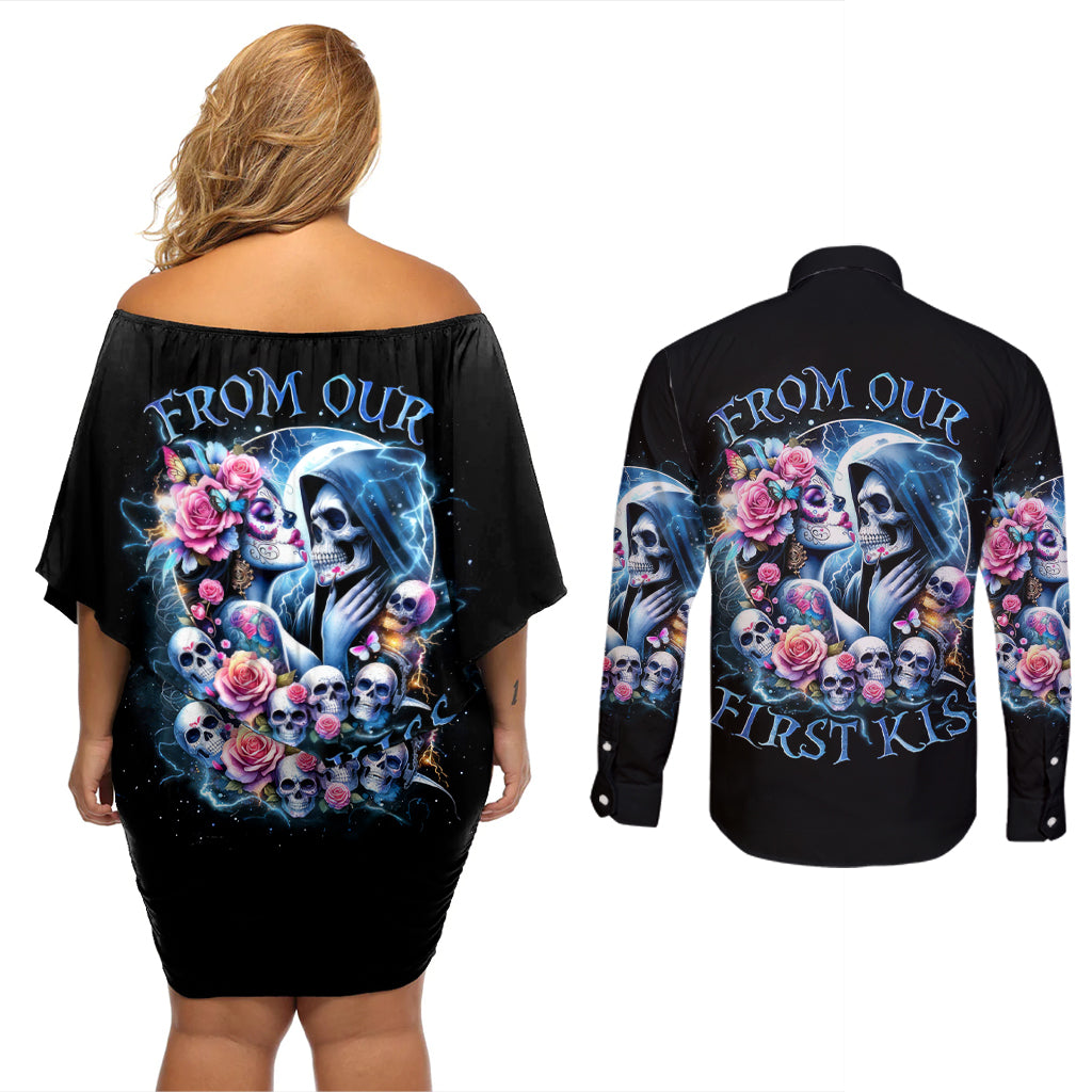 Couple Skull Couples Matching Off Shoulder Short Dress and Long Sleeve Button Shirt From Our Firse Kiss