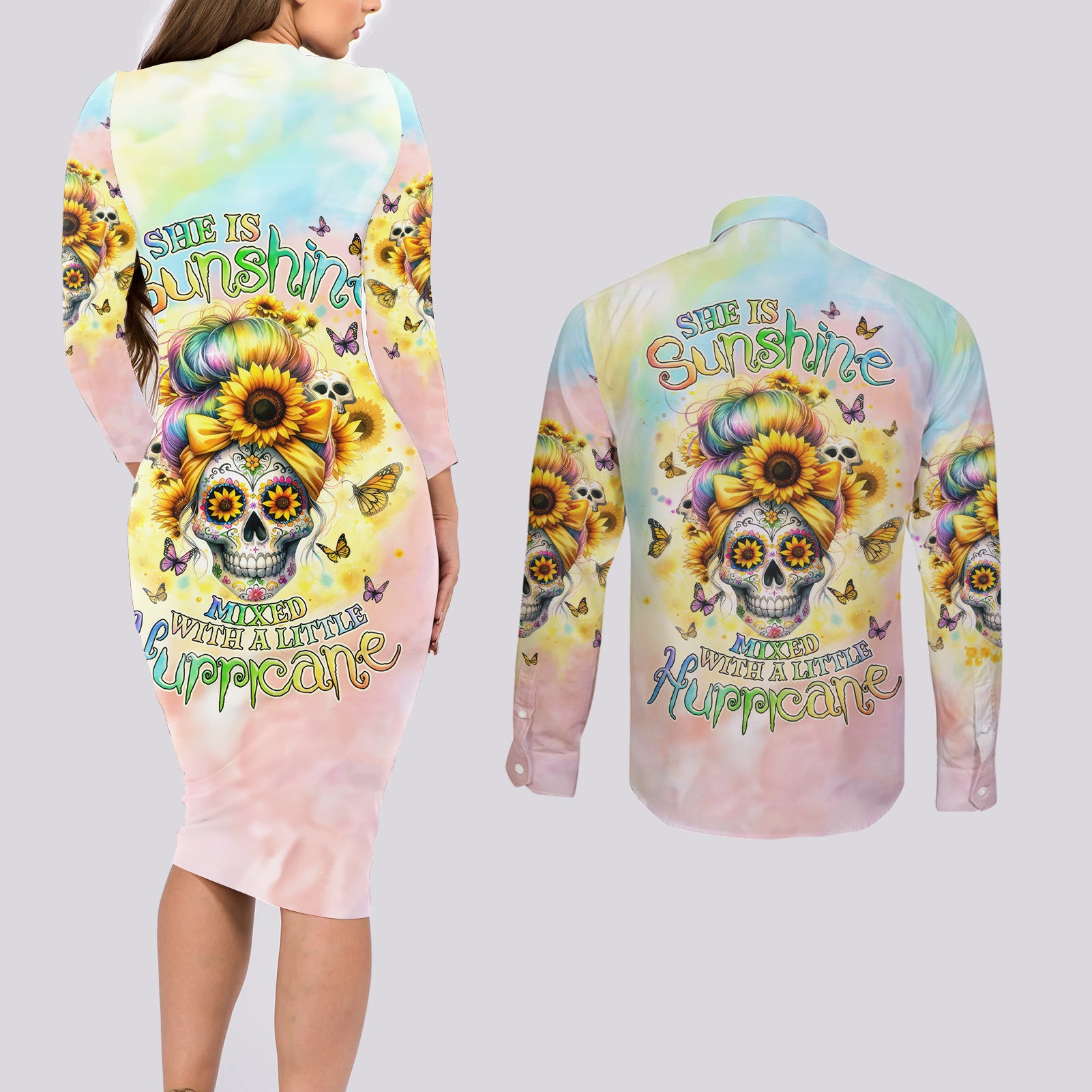 Sunflower Skull Couples Matching Long Sleeve Bodycon Dress and Long Sleeve Button Shirt She Is Sunshine Mixed With A Little Hurricane