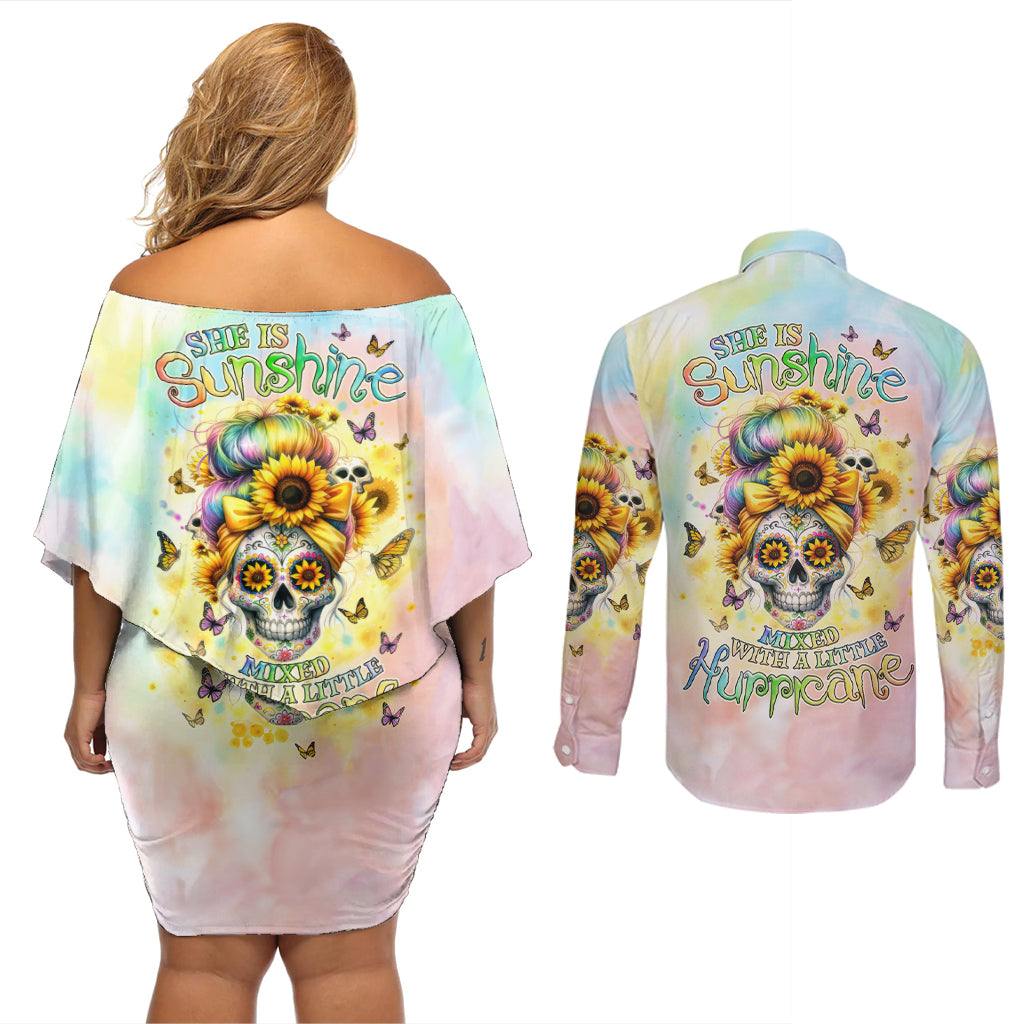 Sunflower Skull Couples Matching Off Shoulder Short Dress and Long Sleeve Button Shirt She Is Sunshine Mixed With A Little Hurricane