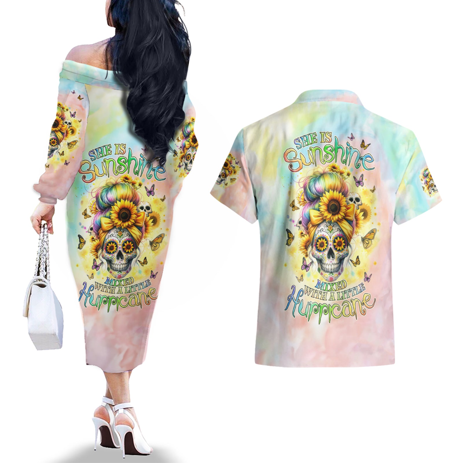 Sunflower Skull Couples Matching Off The Shoulder Long Sleeve Dress and Hawaiian Shirt She Is Sunshine Mixed With A Little Hurricane