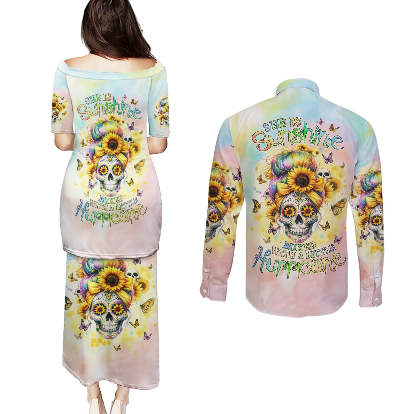 Sunflower Skull Couples Matching Puletasi and Long Sleeve Button Shirt She Is Sunshine Mixed With A Little Hurricane