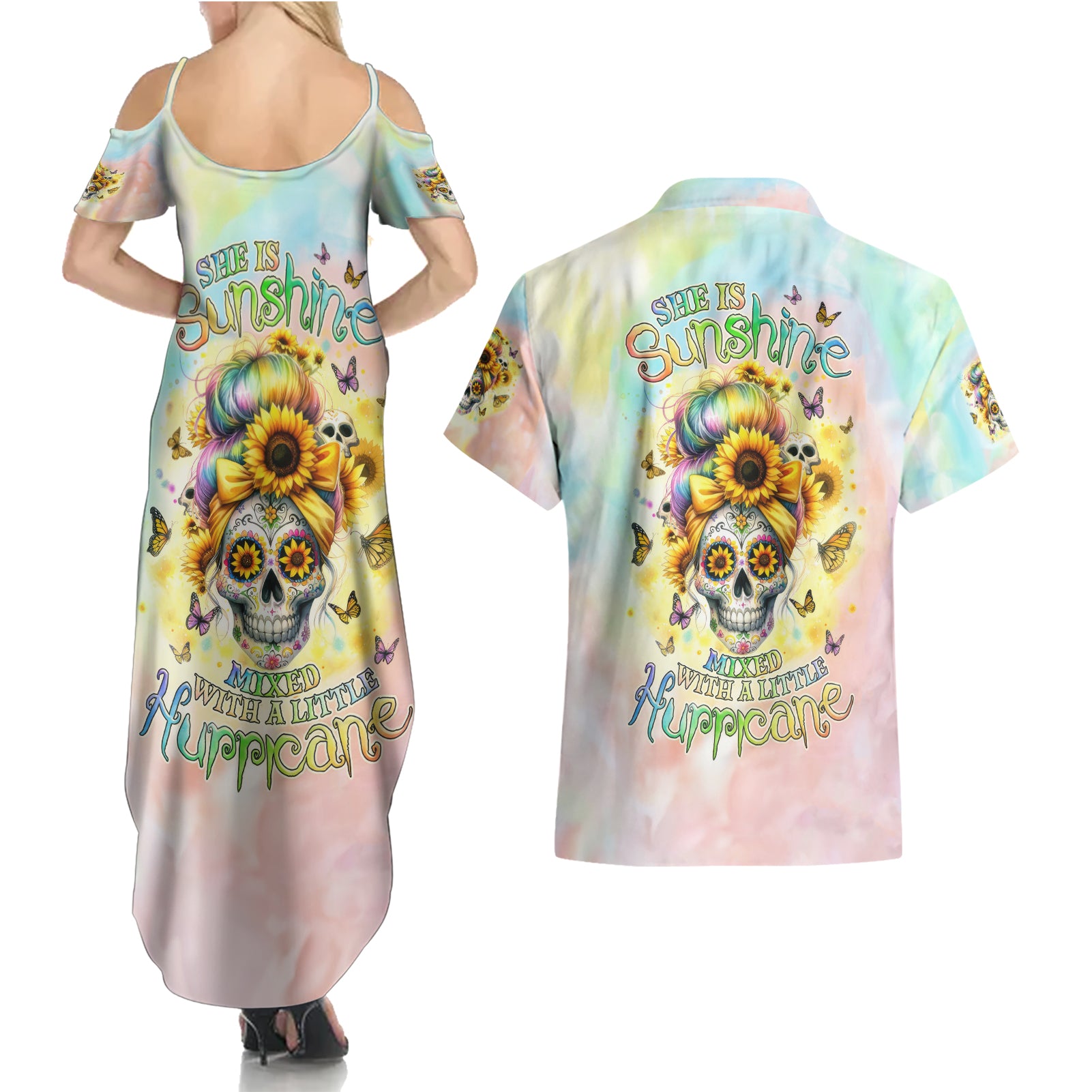 Sunflower Skull Couples Matching Summer Maxi Dress and Hawaiian Shirt She Is Sunshine Mixed With A Little Hurricane