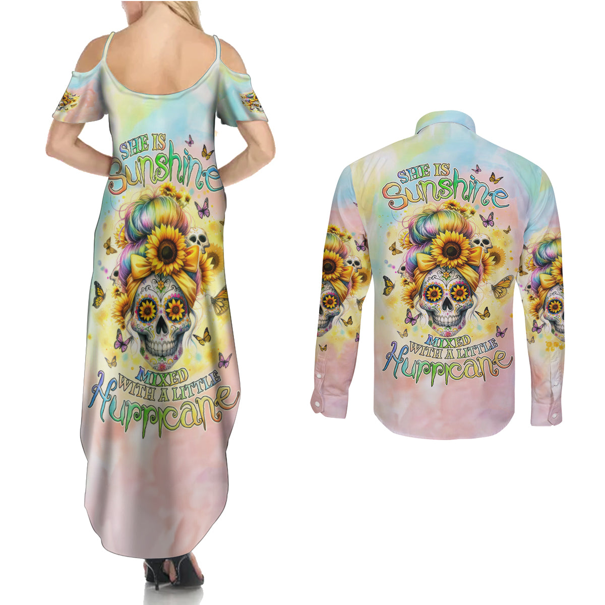 Sunflower Skull Couples Matching Summer Maxi Dress and Long Sleeve Button Shirt She Is Sunshine Mixed With A Little Hurricane